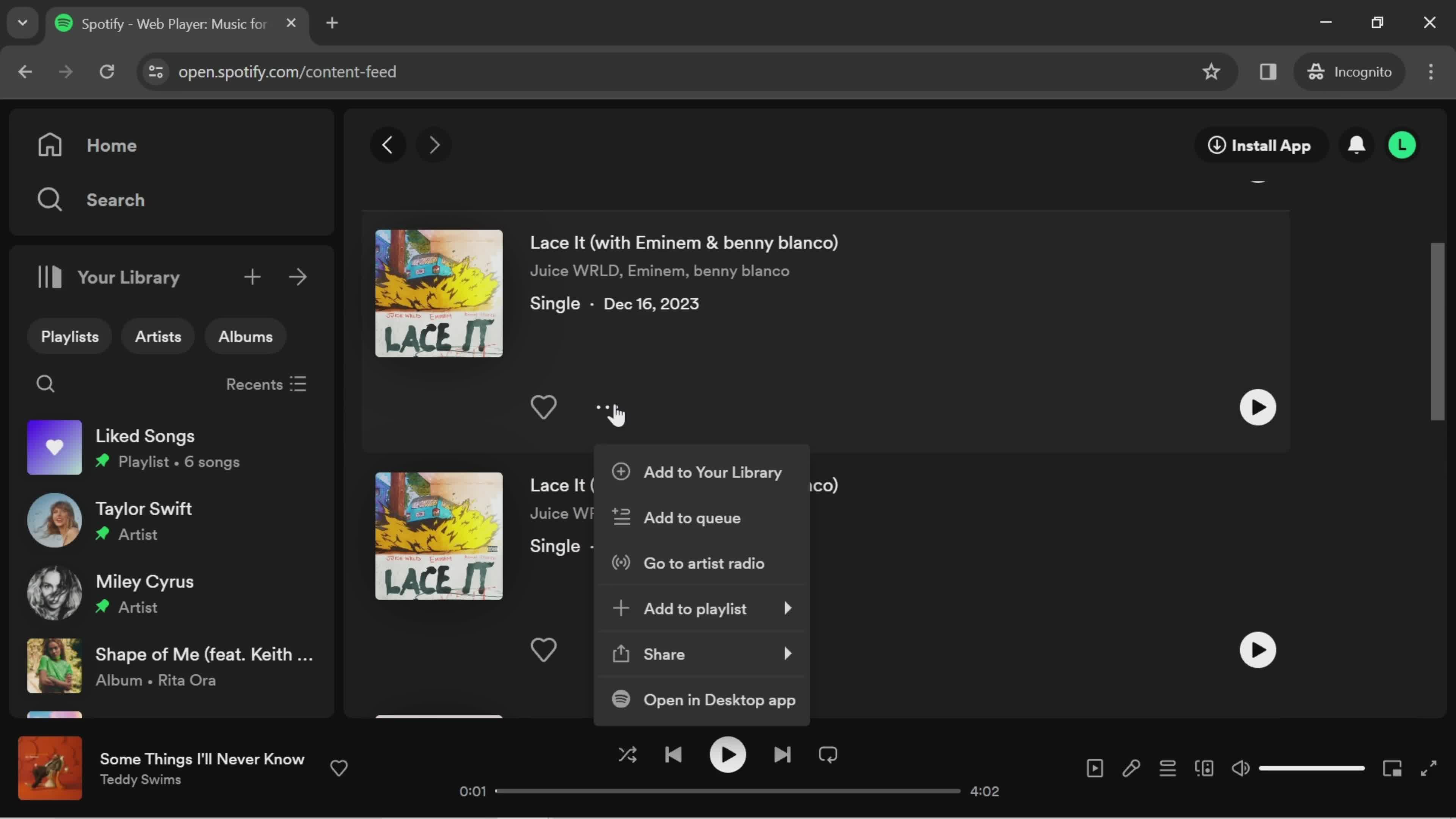 Spotify action menu screenshot