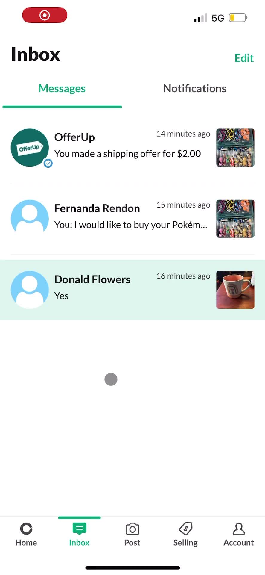 OfferUp inbox screenshot