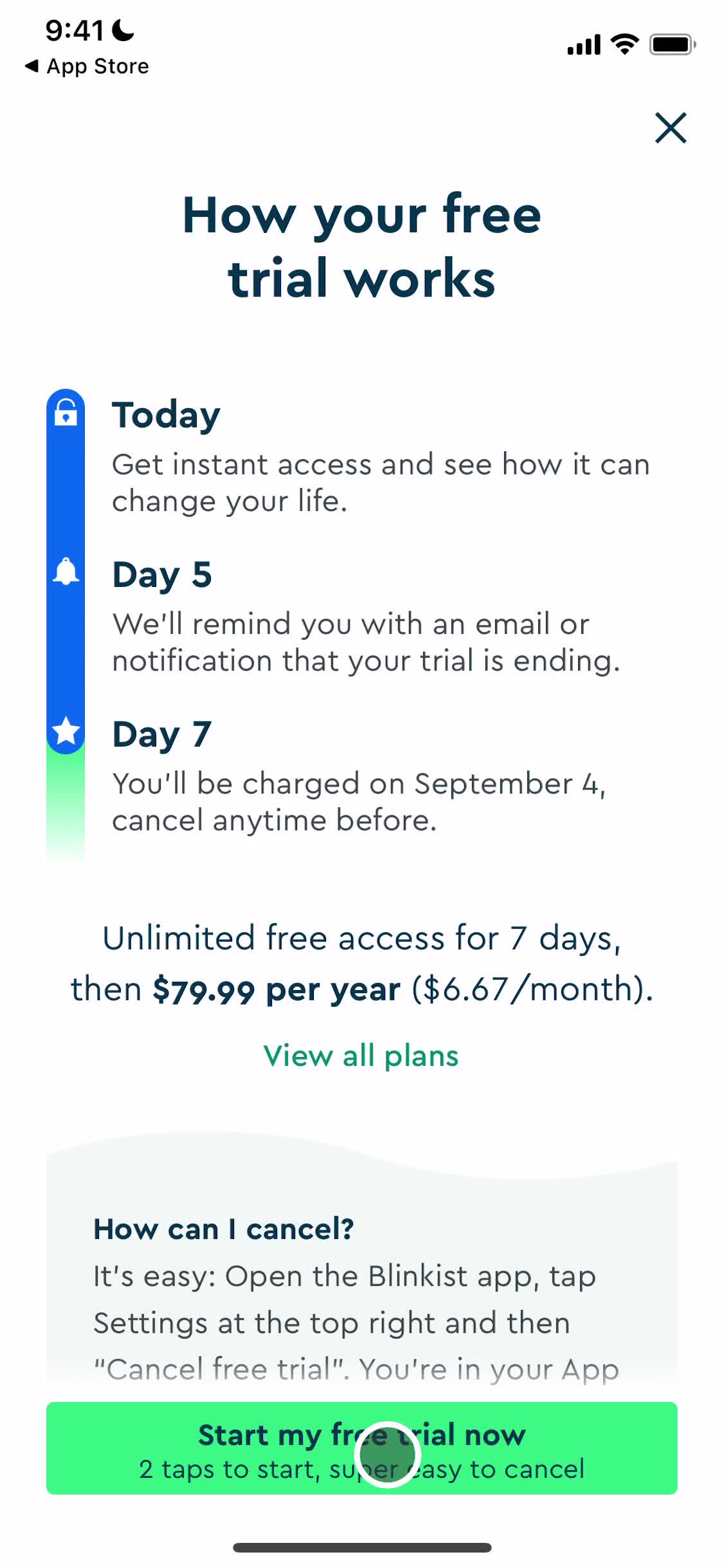 Blinkist start trial screenshot