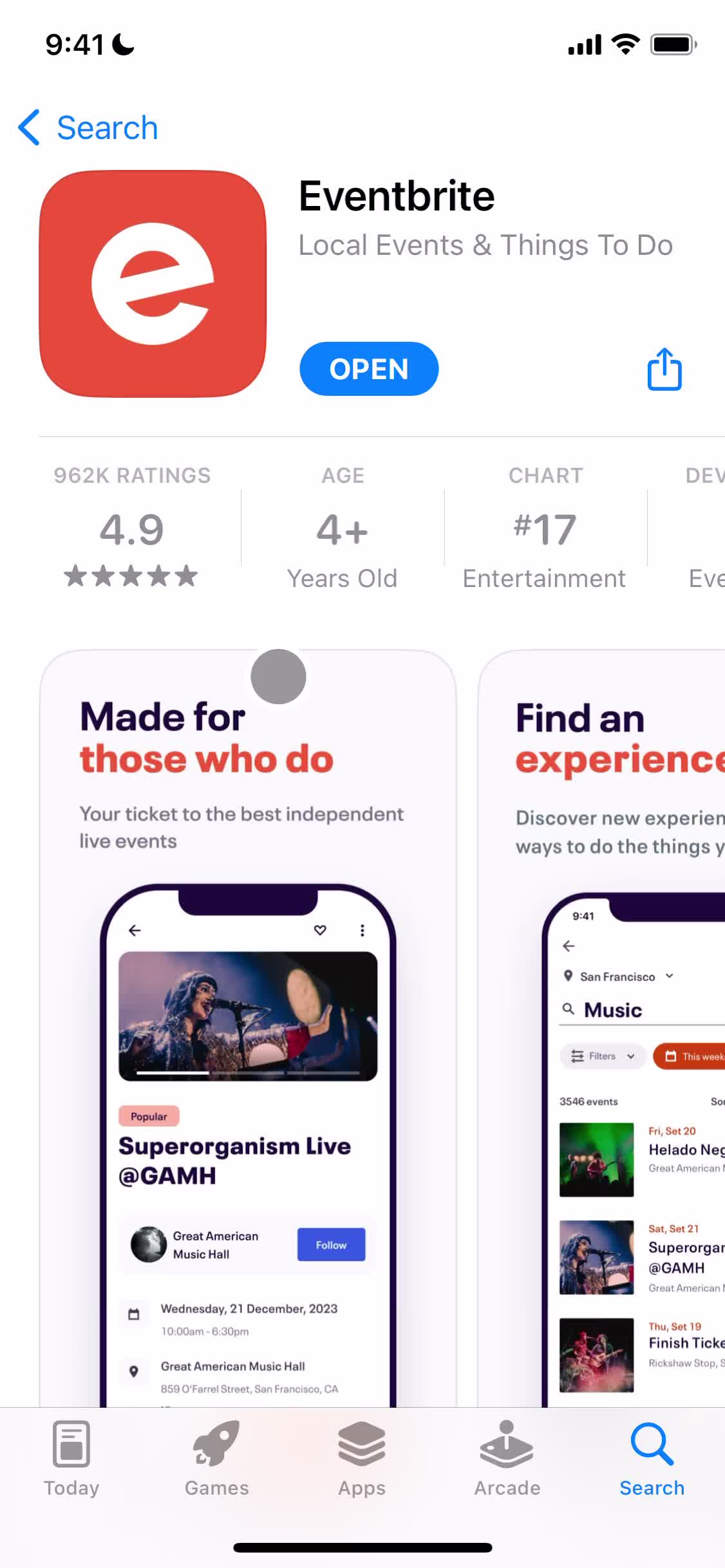 Eventbrite app store listing screenshot