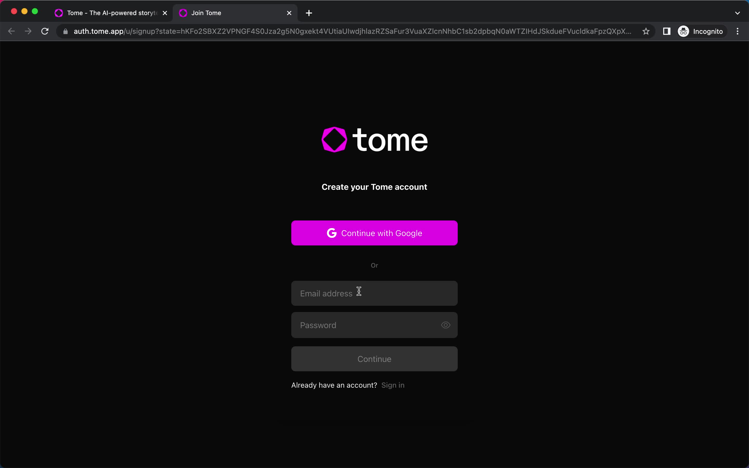 Tome sign up screenshot