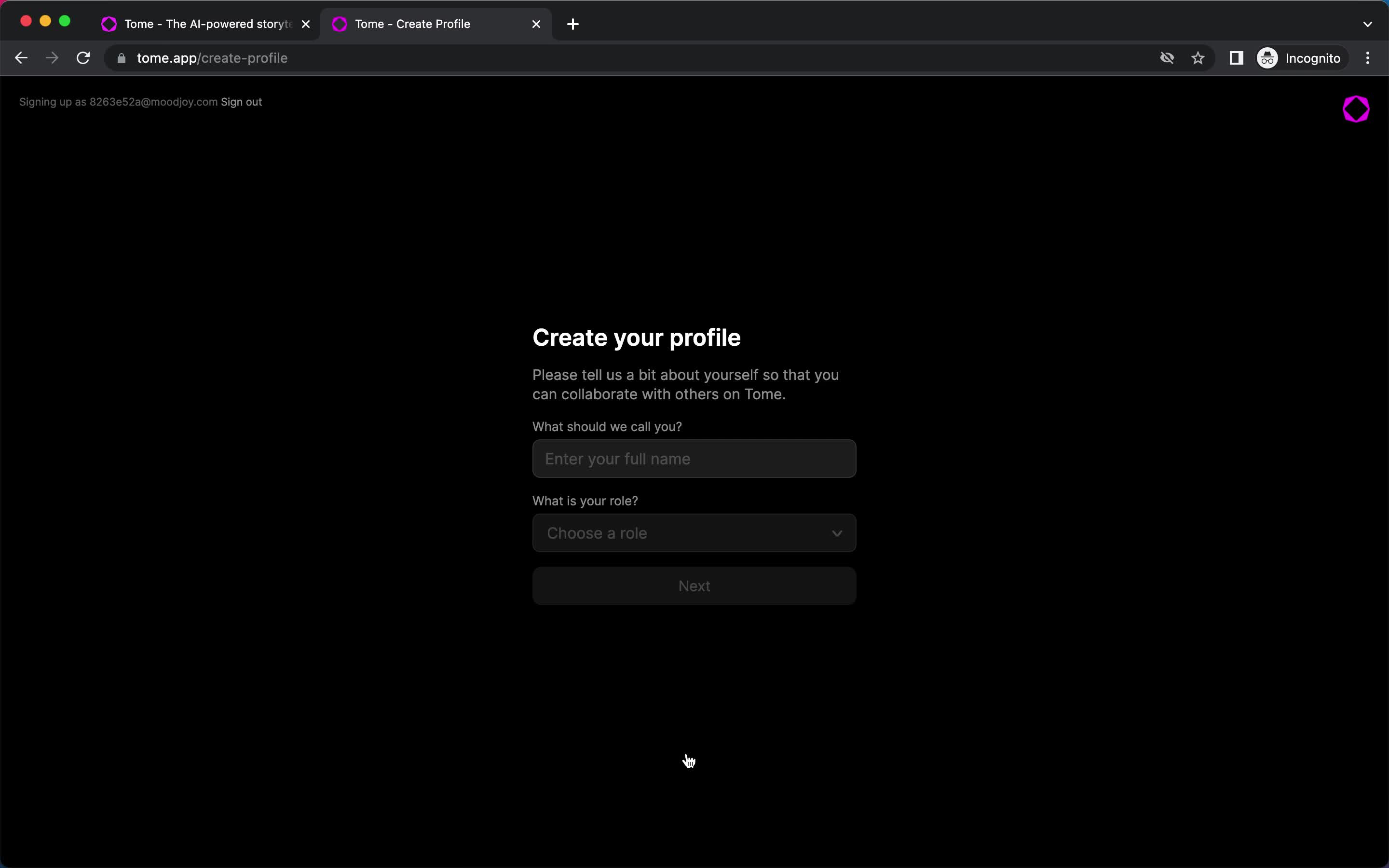 Tome create profile screenshot