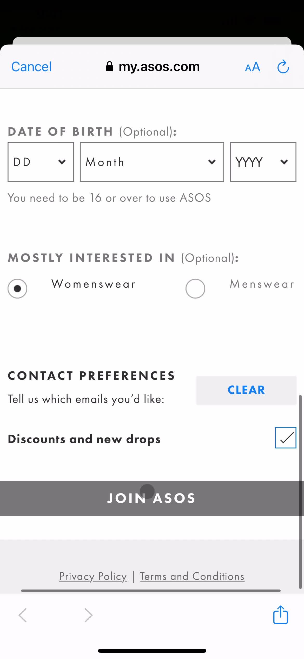 ASOS sign up screenshot