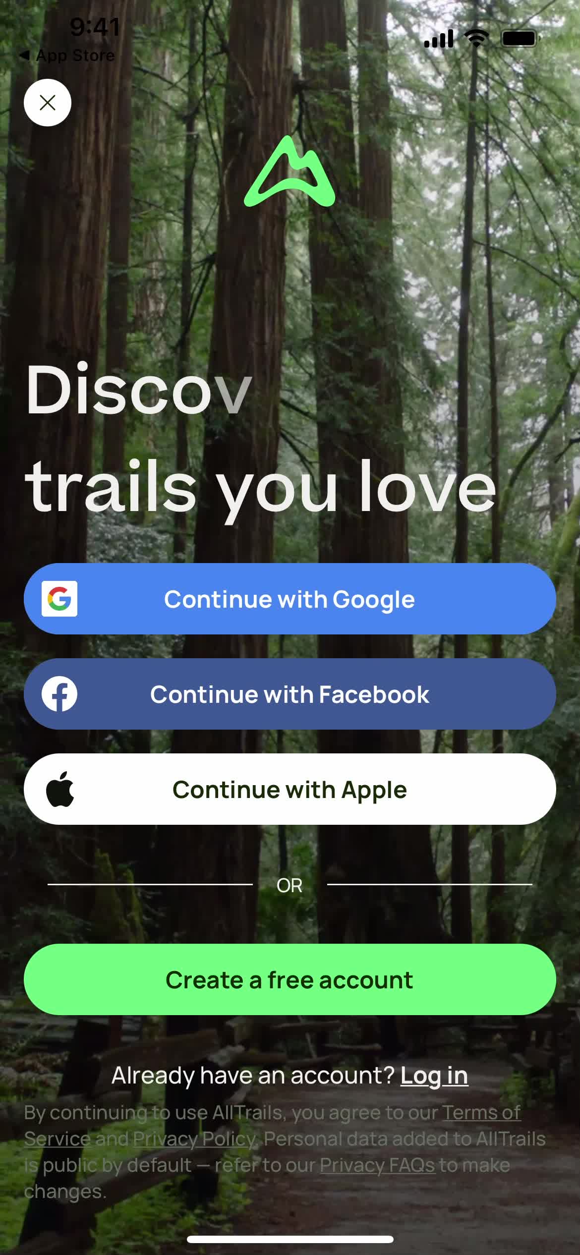 AllTrails start screen screenshot