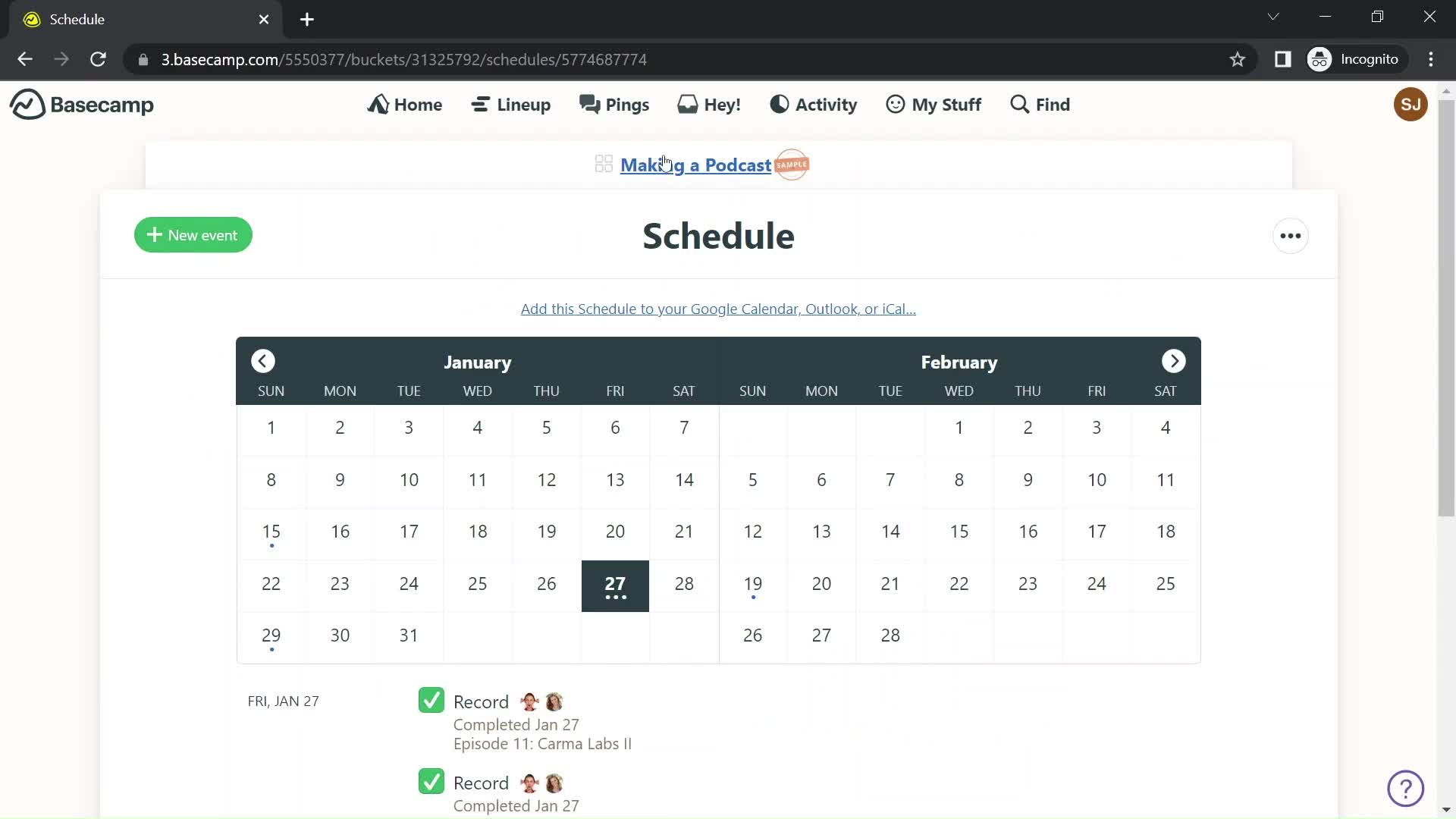 Basecamp schedule screenshot