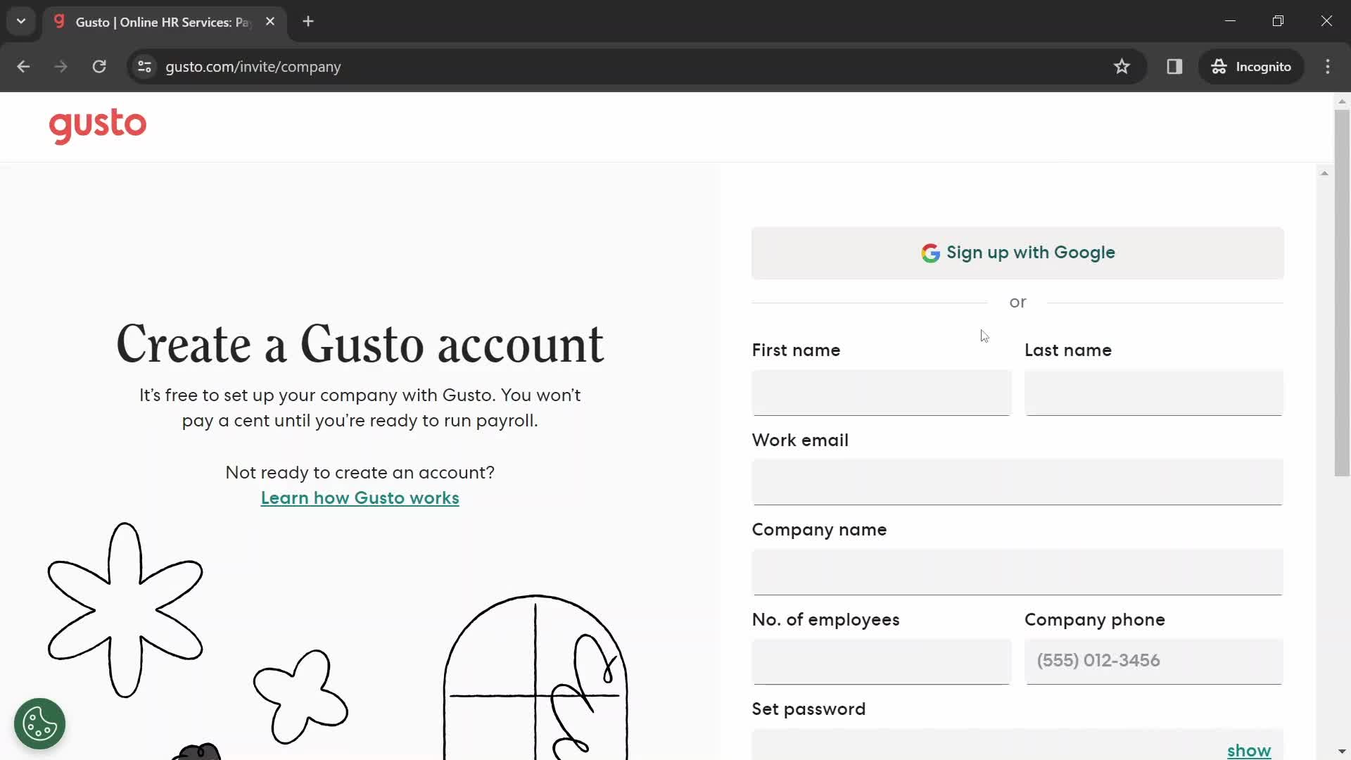 Gusto sign up screenshot