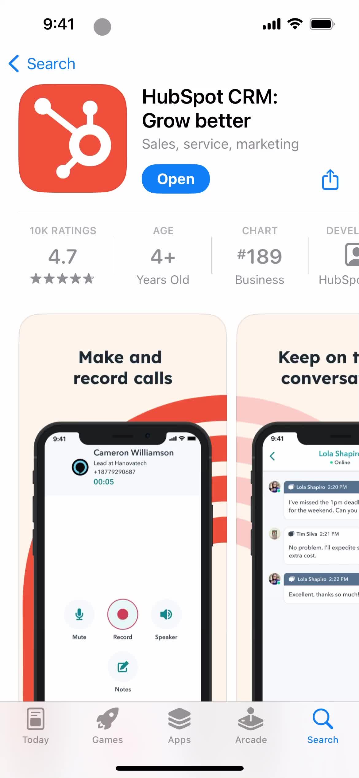 HubSpot CRM app store listing screenshot