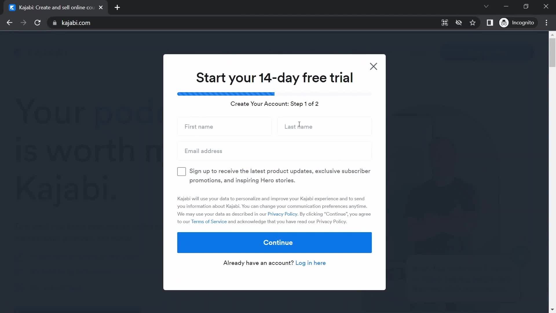 Kajabi start trial screenshot