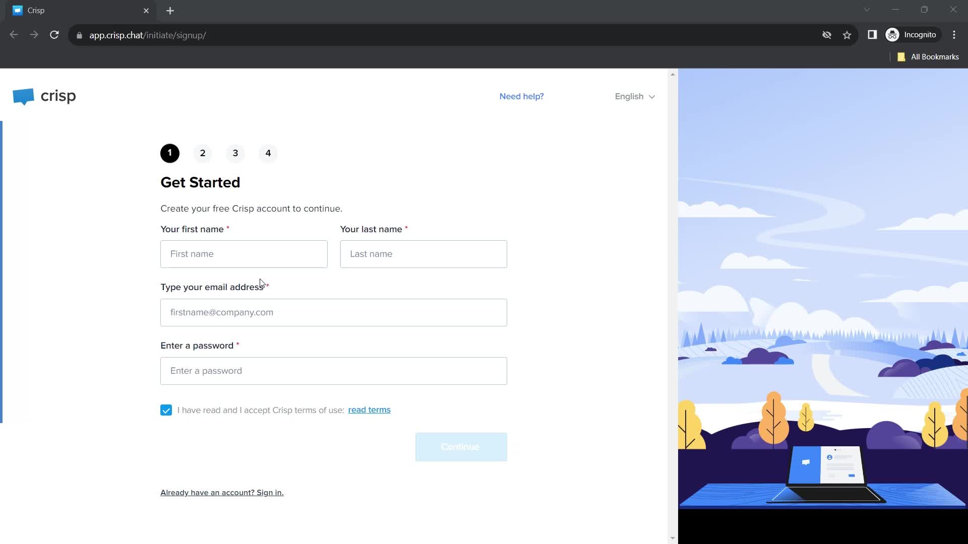 Crisp create account screenshot