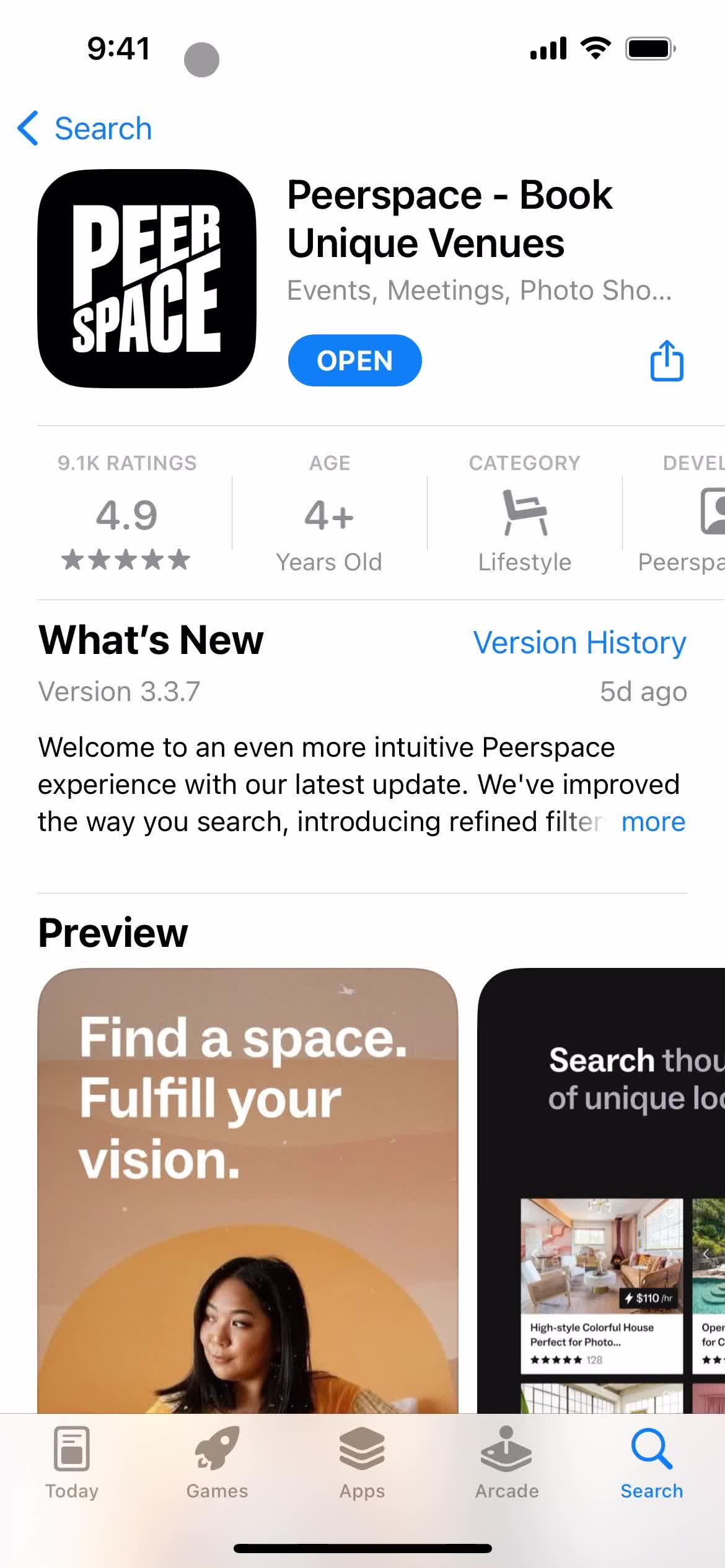 Peerspace app store listing screenshot