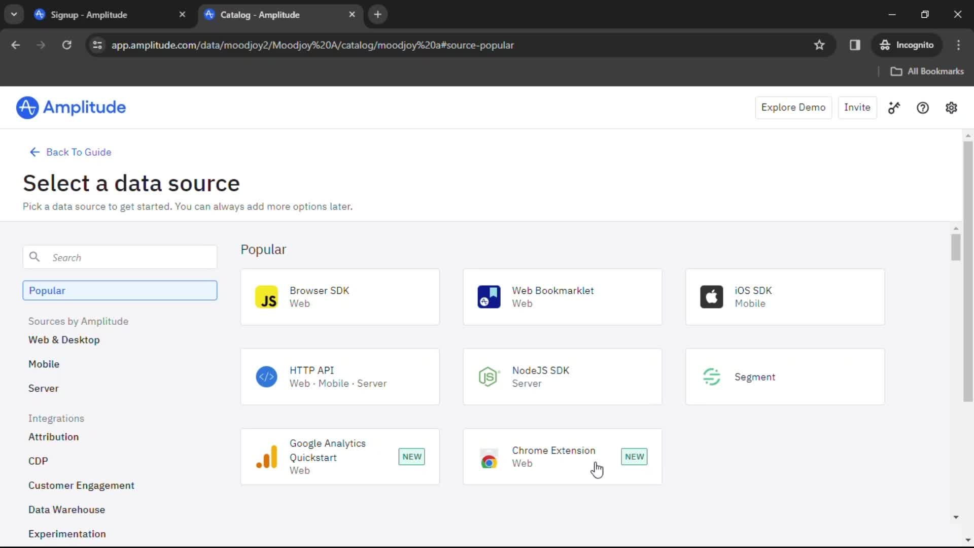 Amplitude select data source screenshot