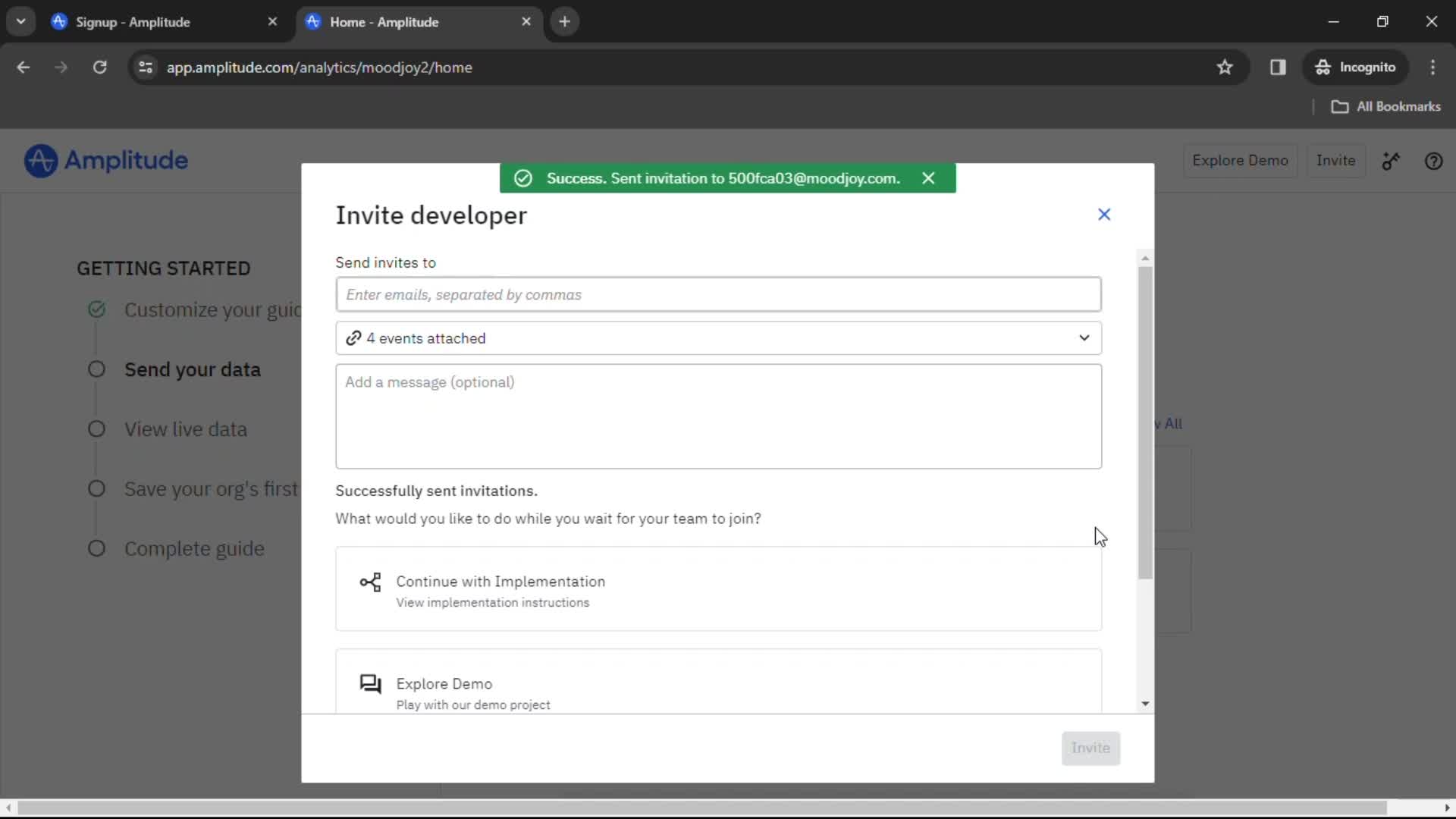 Amplitude invite sent screenshot