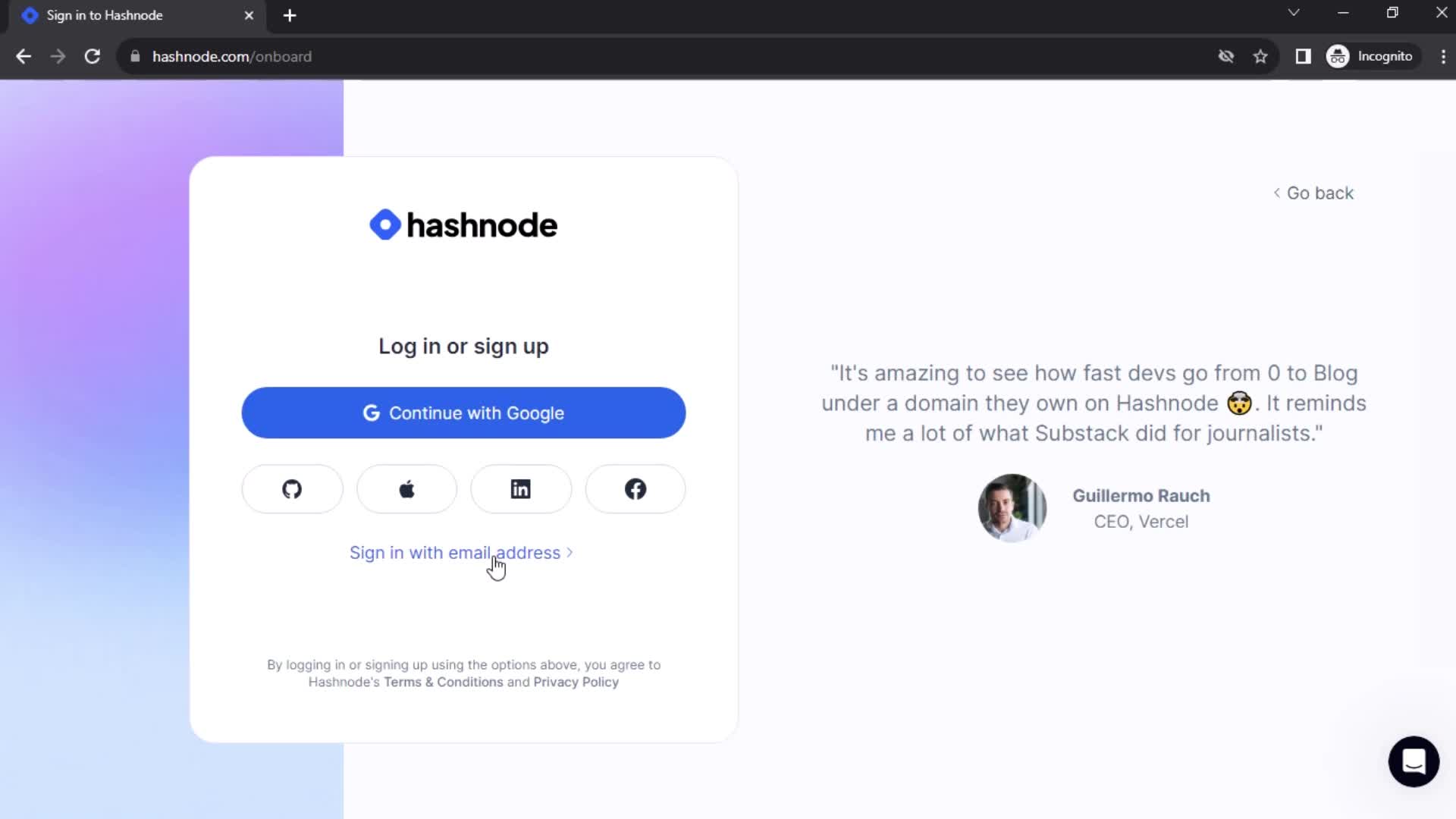 Hashnode sign in screenshot