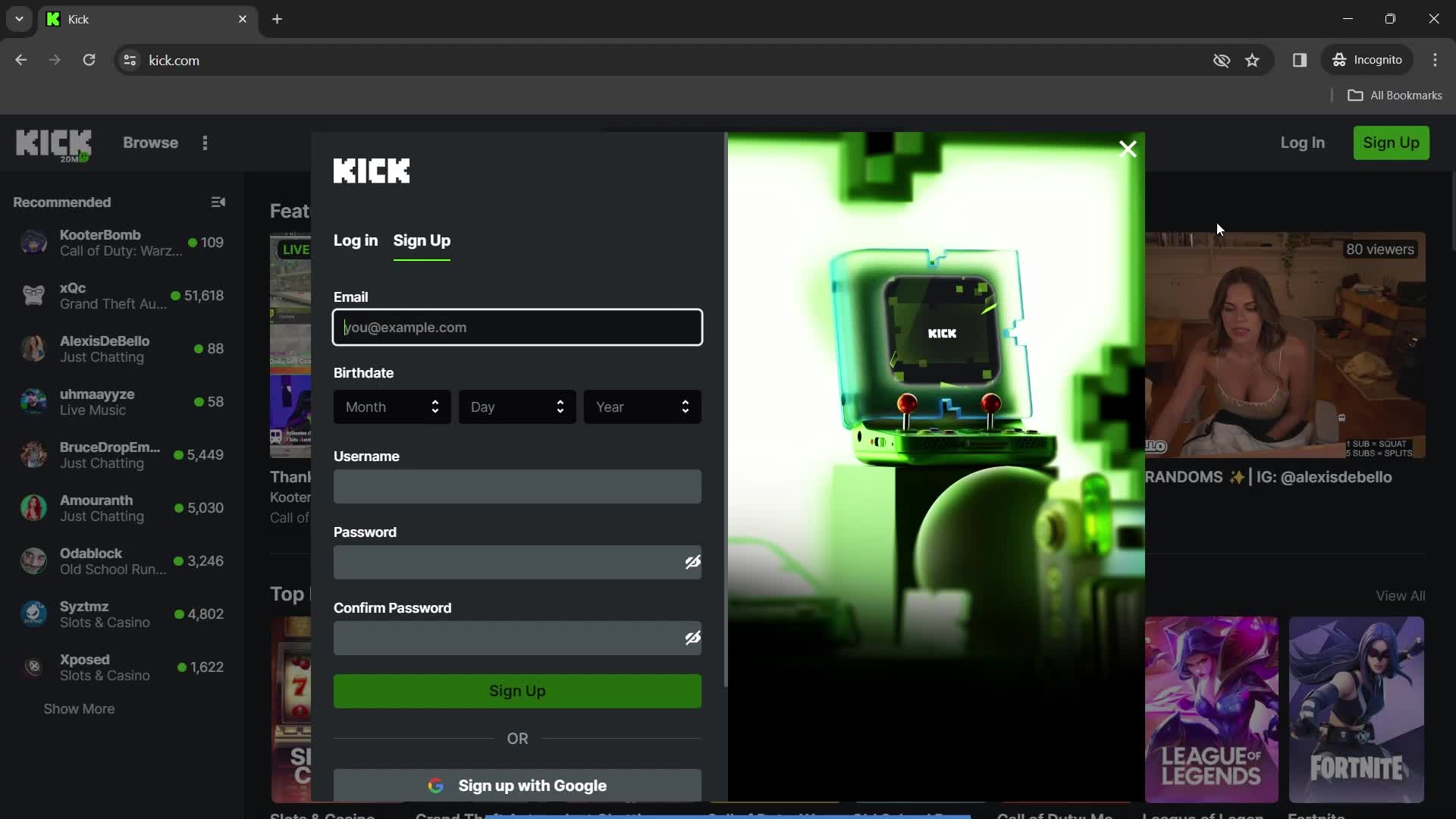 Kick sign up screenshot