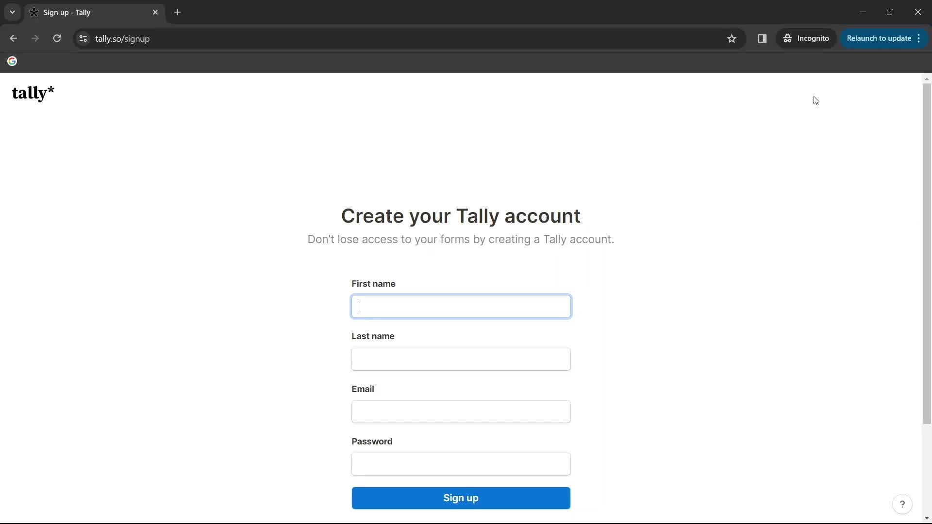 Tally sign up screenshot