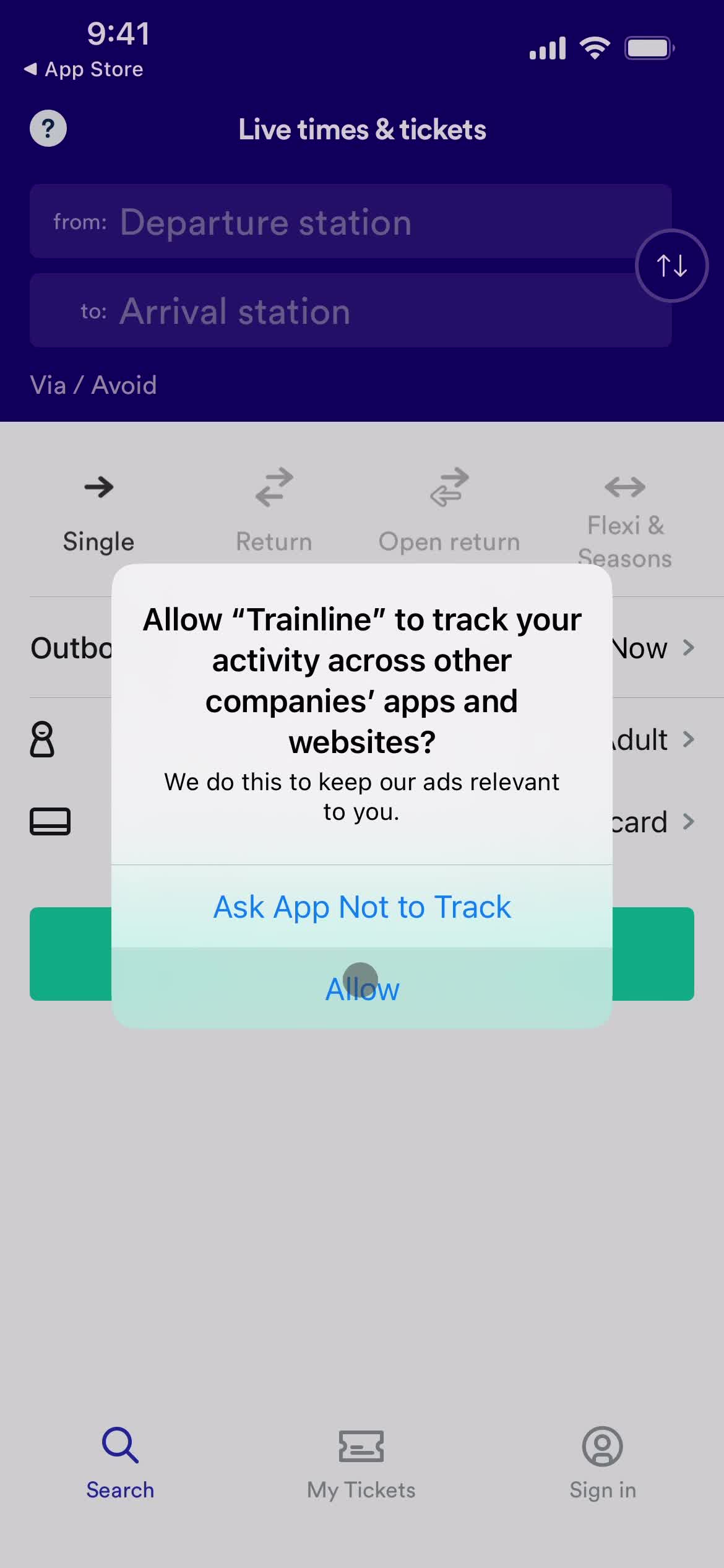 Trainline enable tracking screenshot