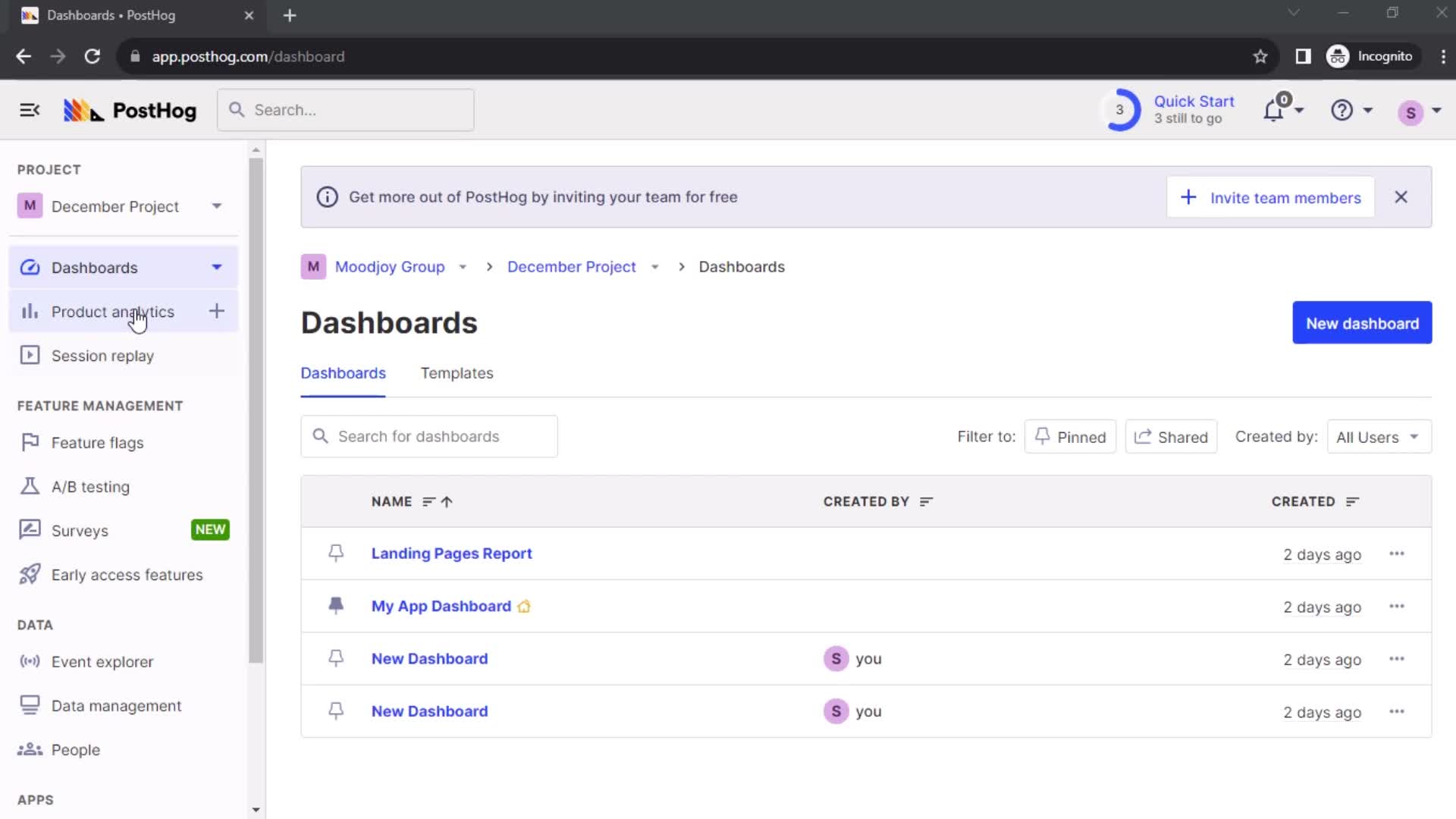 PostHog dashboards screenshot