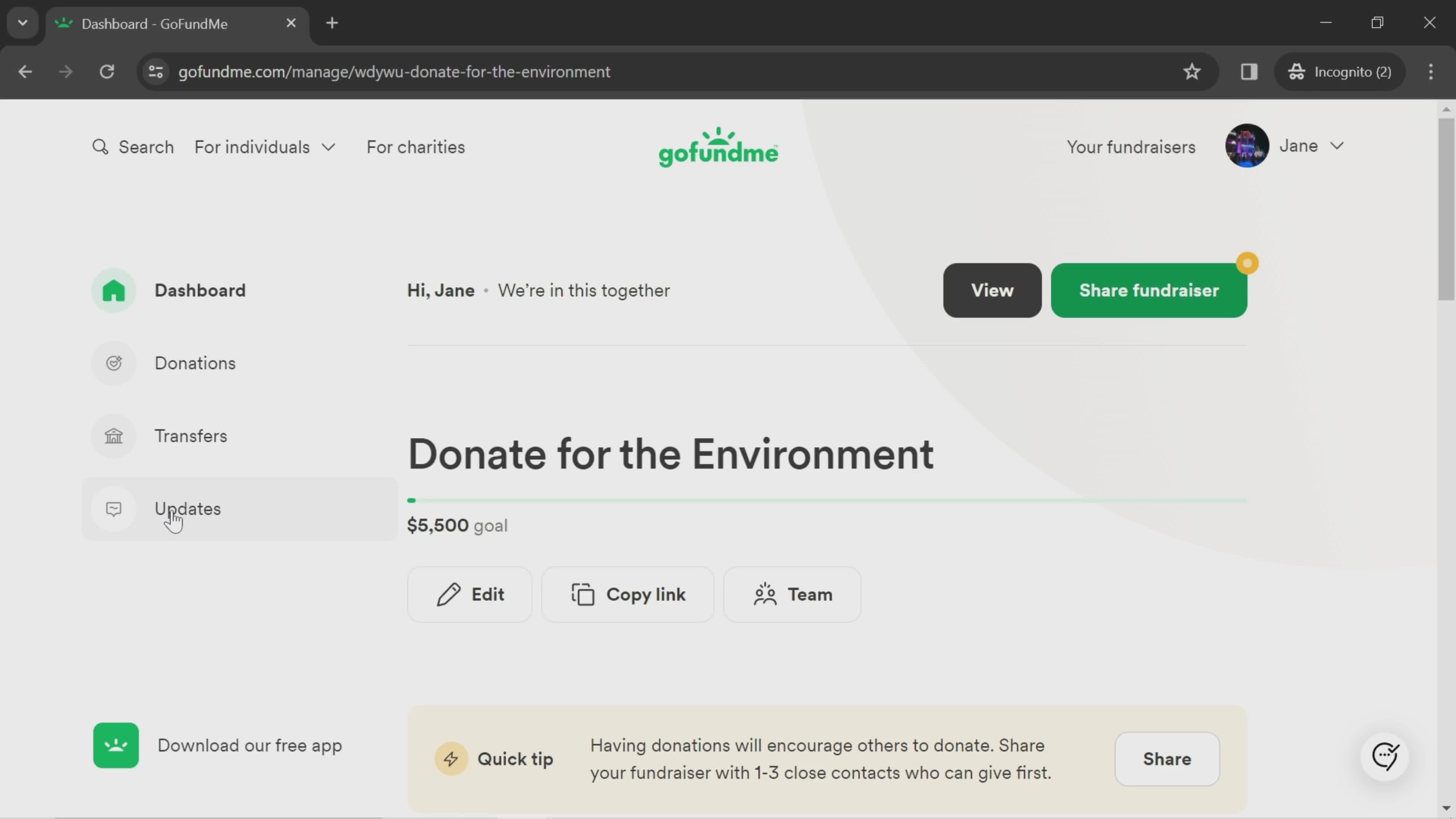 GoFundMe dashboard screenshot