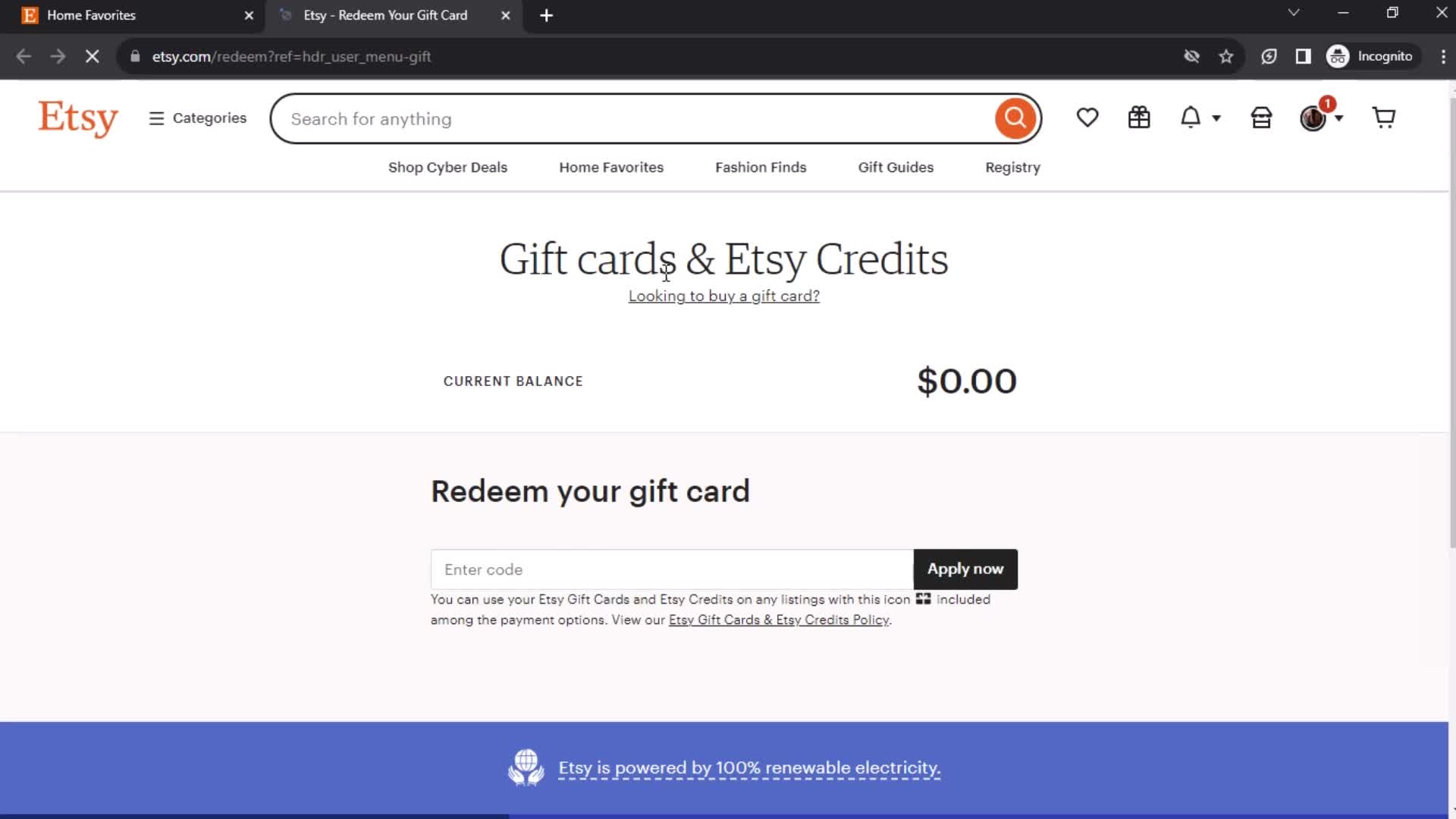 Etsy gift cards screenshot