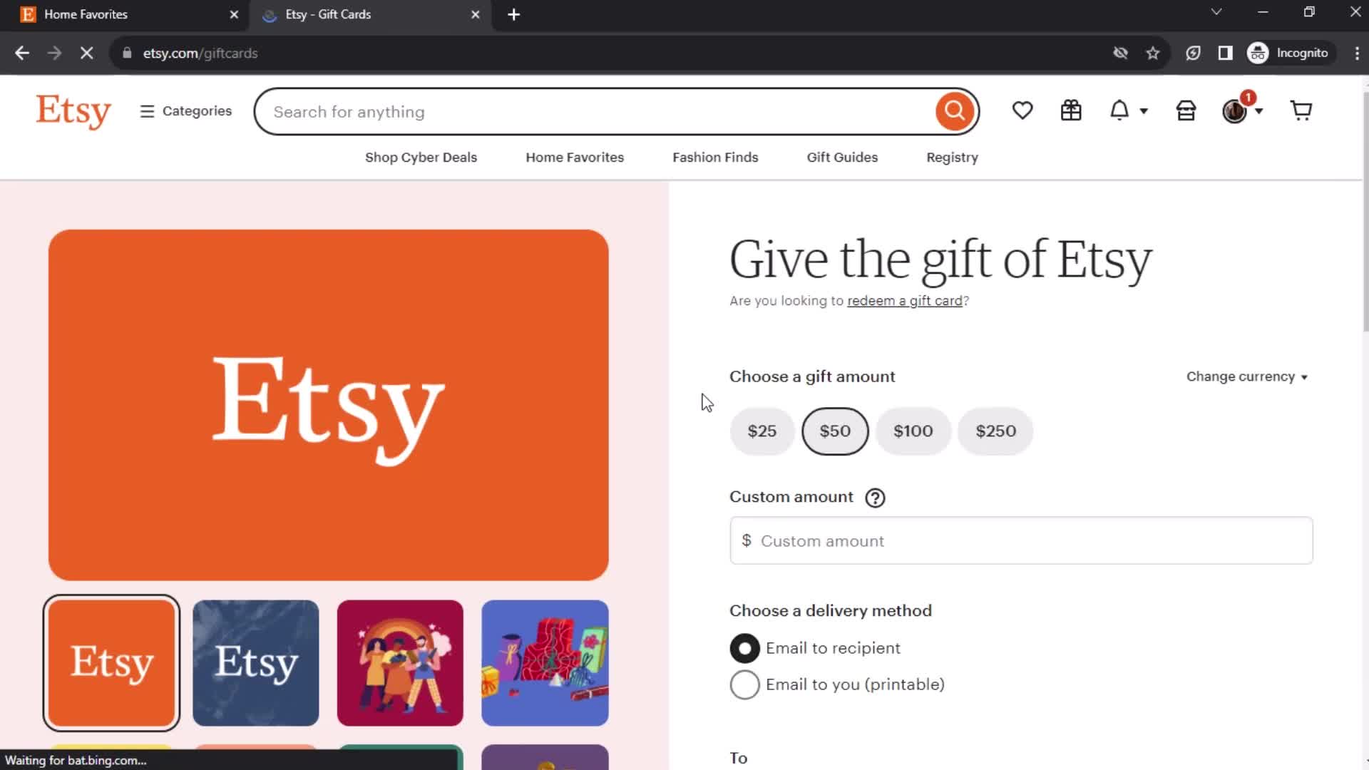 Etsy gift amount screenshot