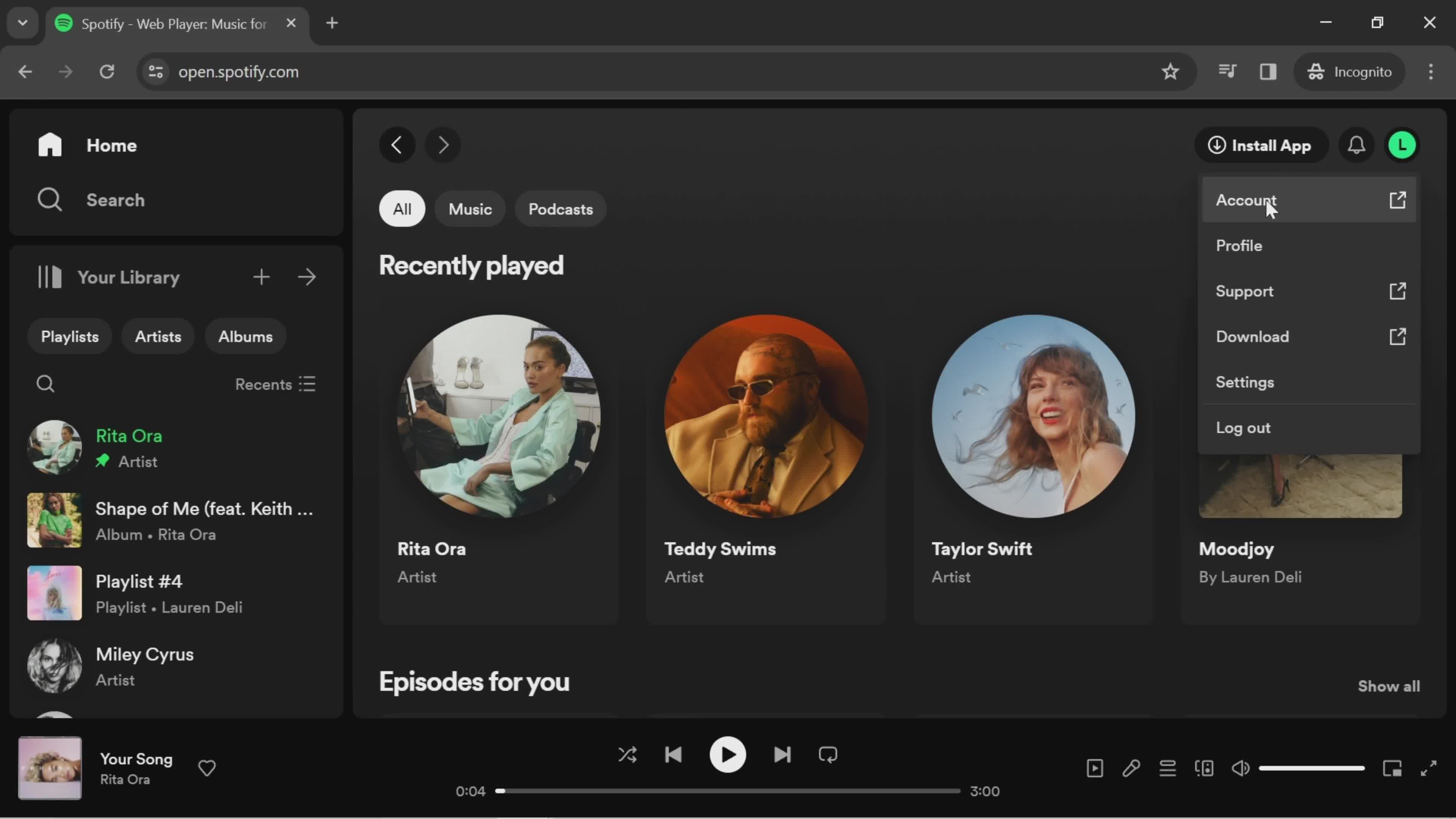 Spotify account menu screenshot