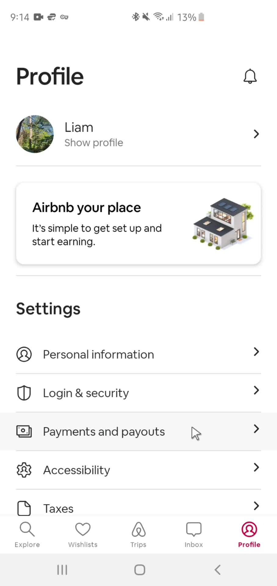 Airbnb settings screenshot