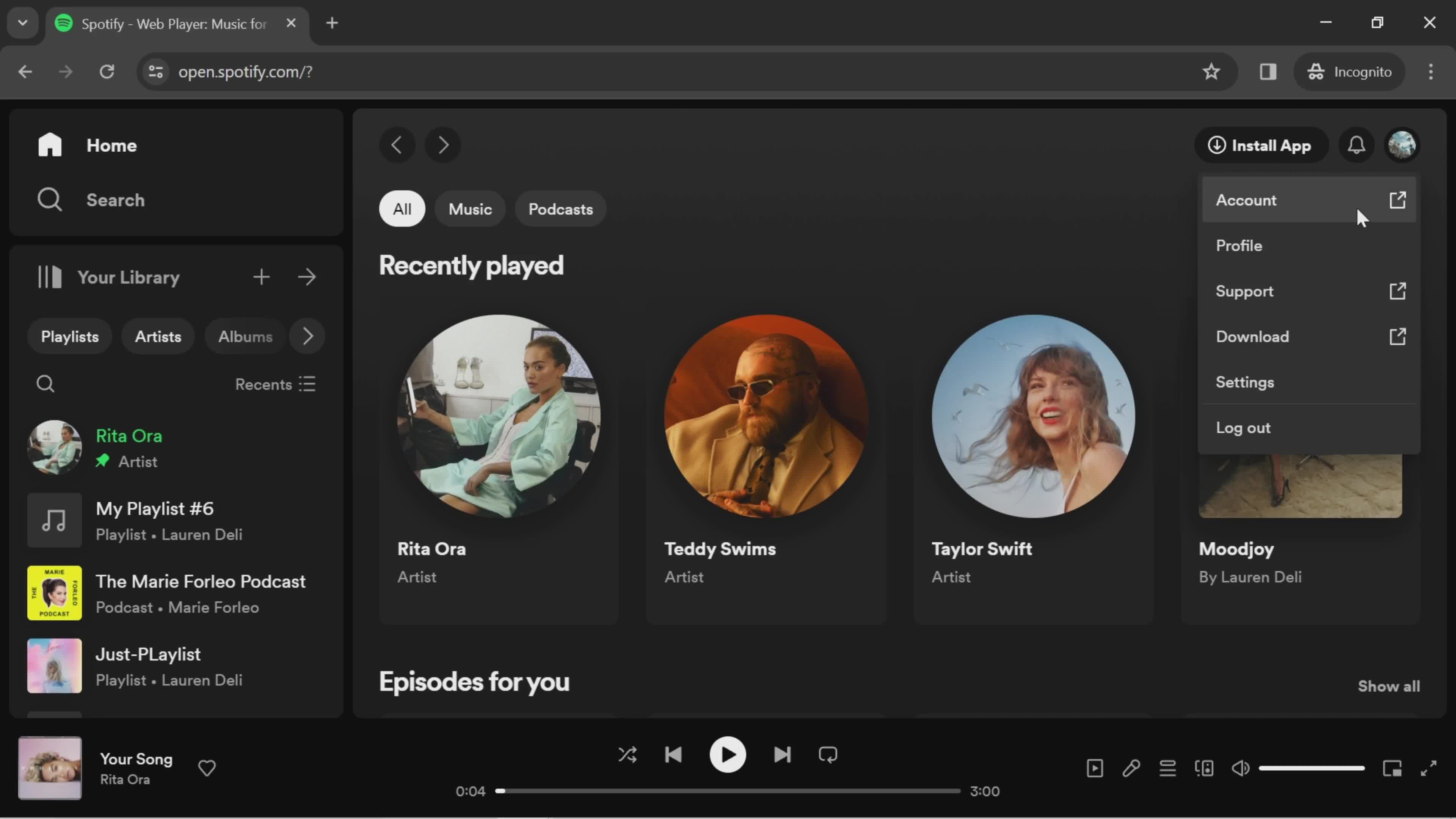 Spotify account menu screenshot