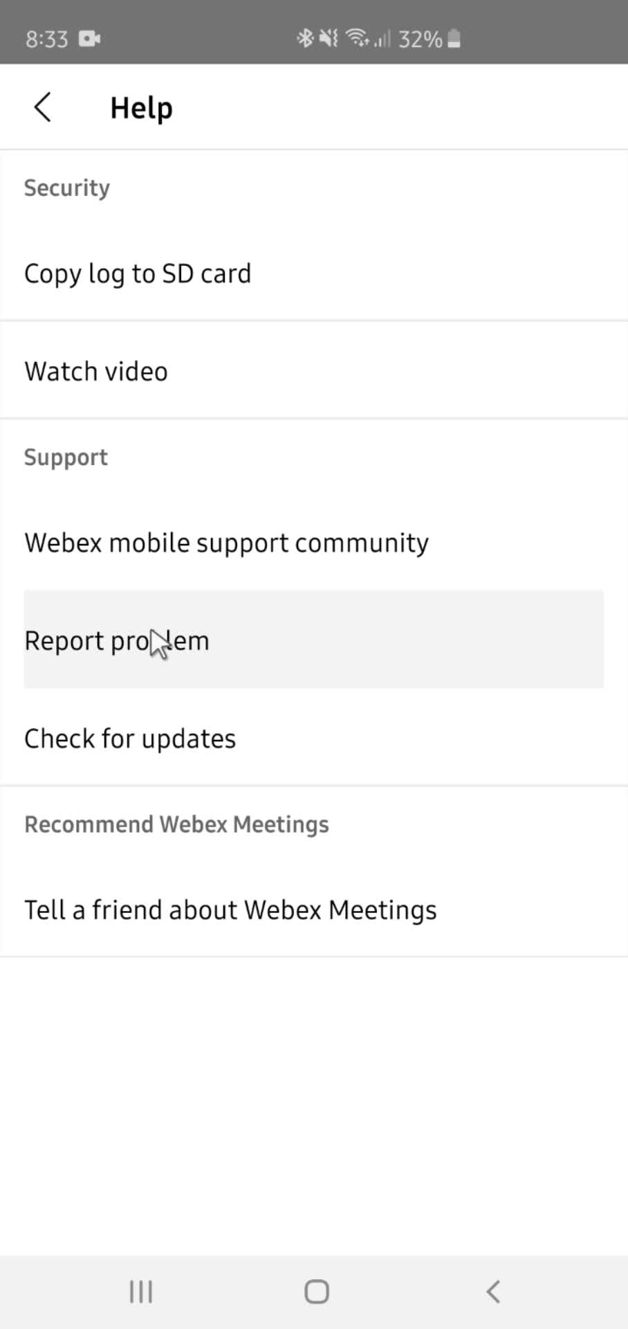 Webex help menu screenshot