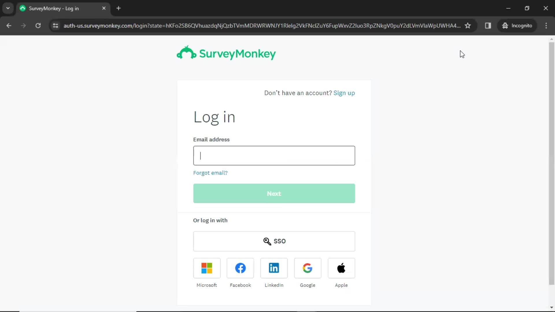 SurveyMonkey enter email screenshot