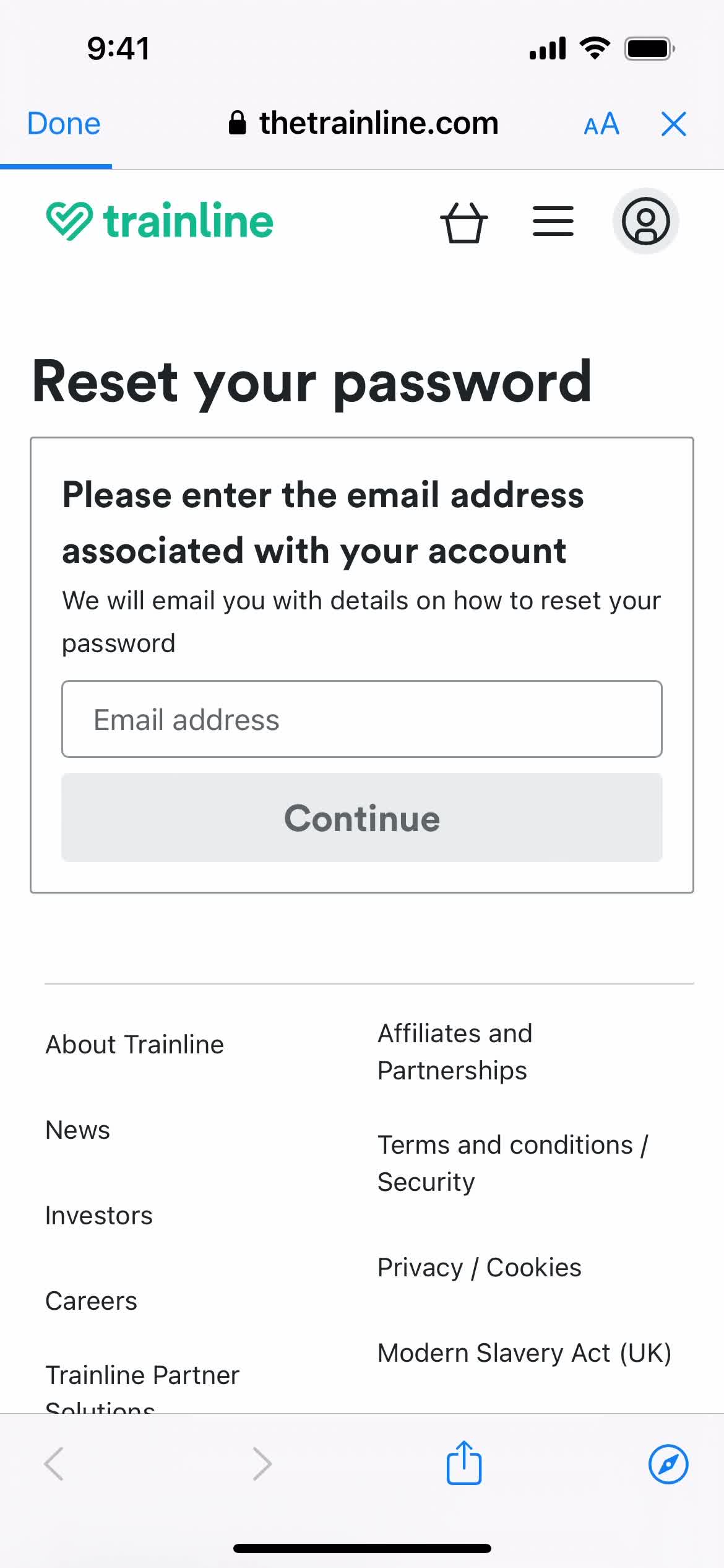 Trainline reset password screenshot