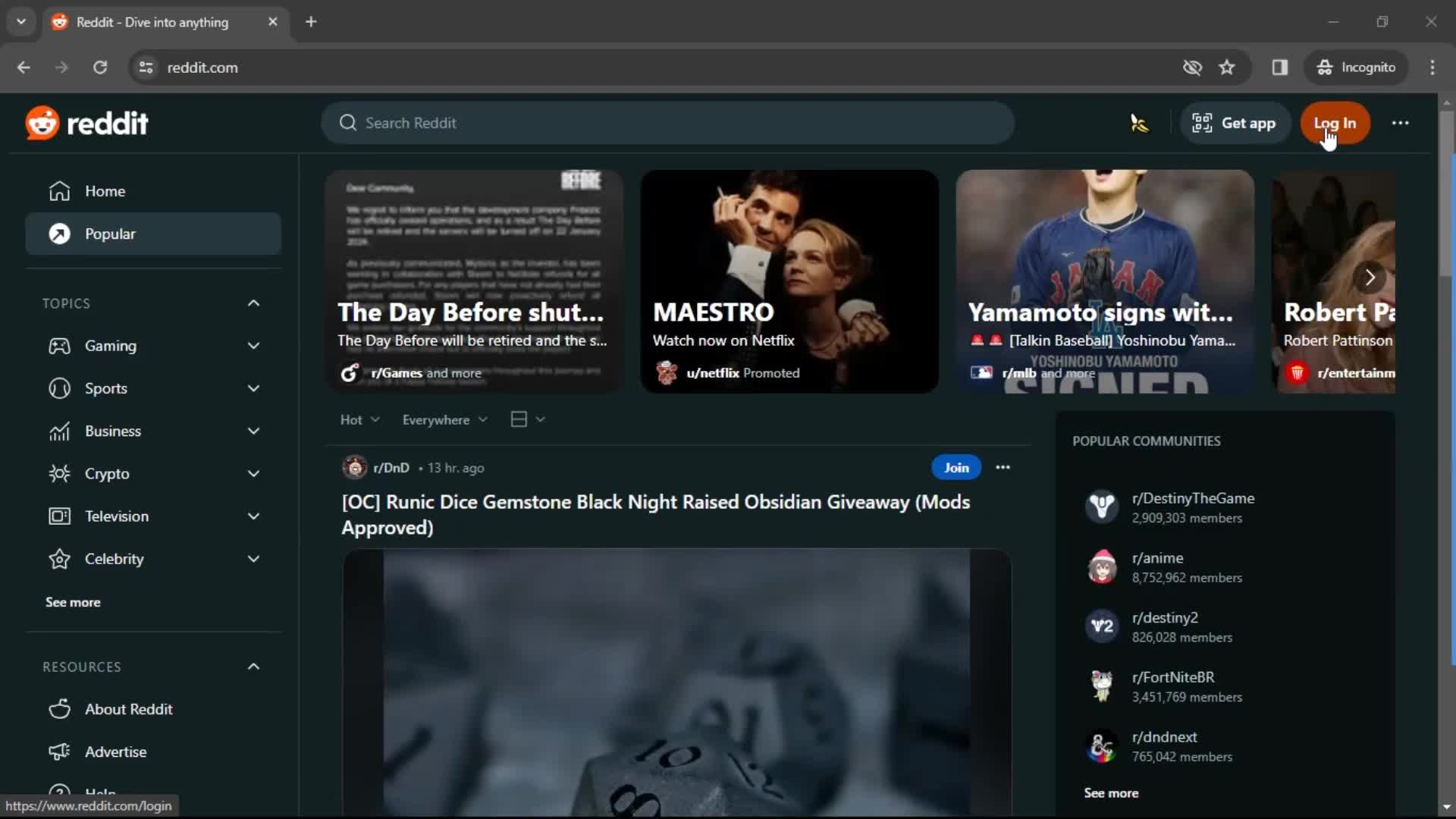 Reddit homepage screenshot