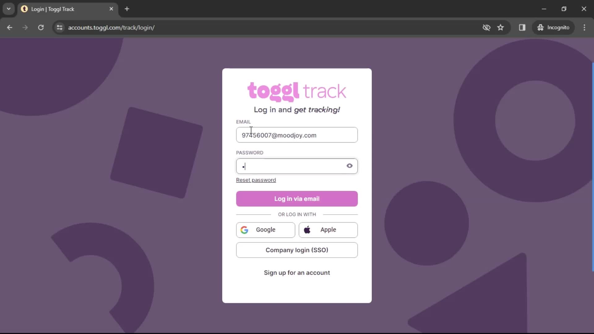 Toggl Track enter password screenshot