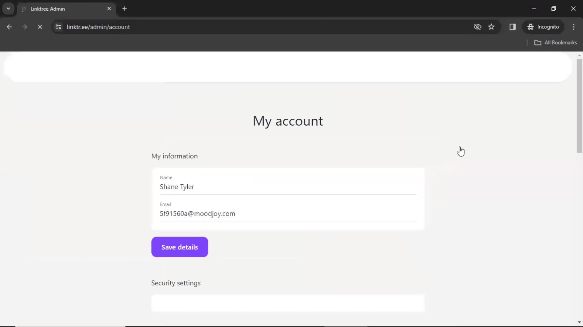 Linktree account details screenshot