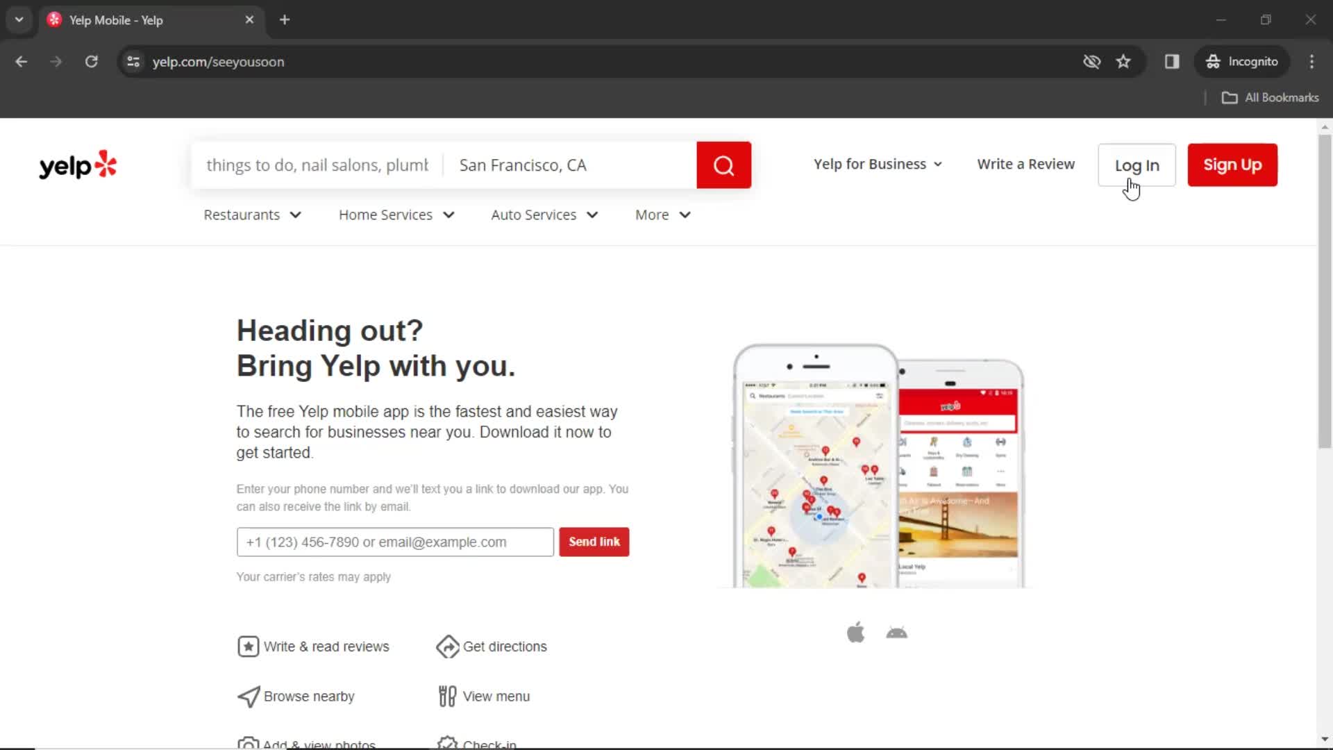 Yelp homepage screenshot