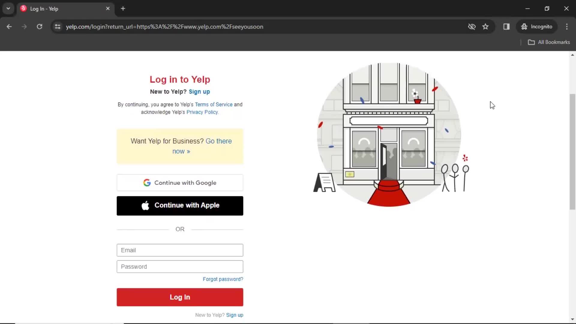 Yelp login screenshot