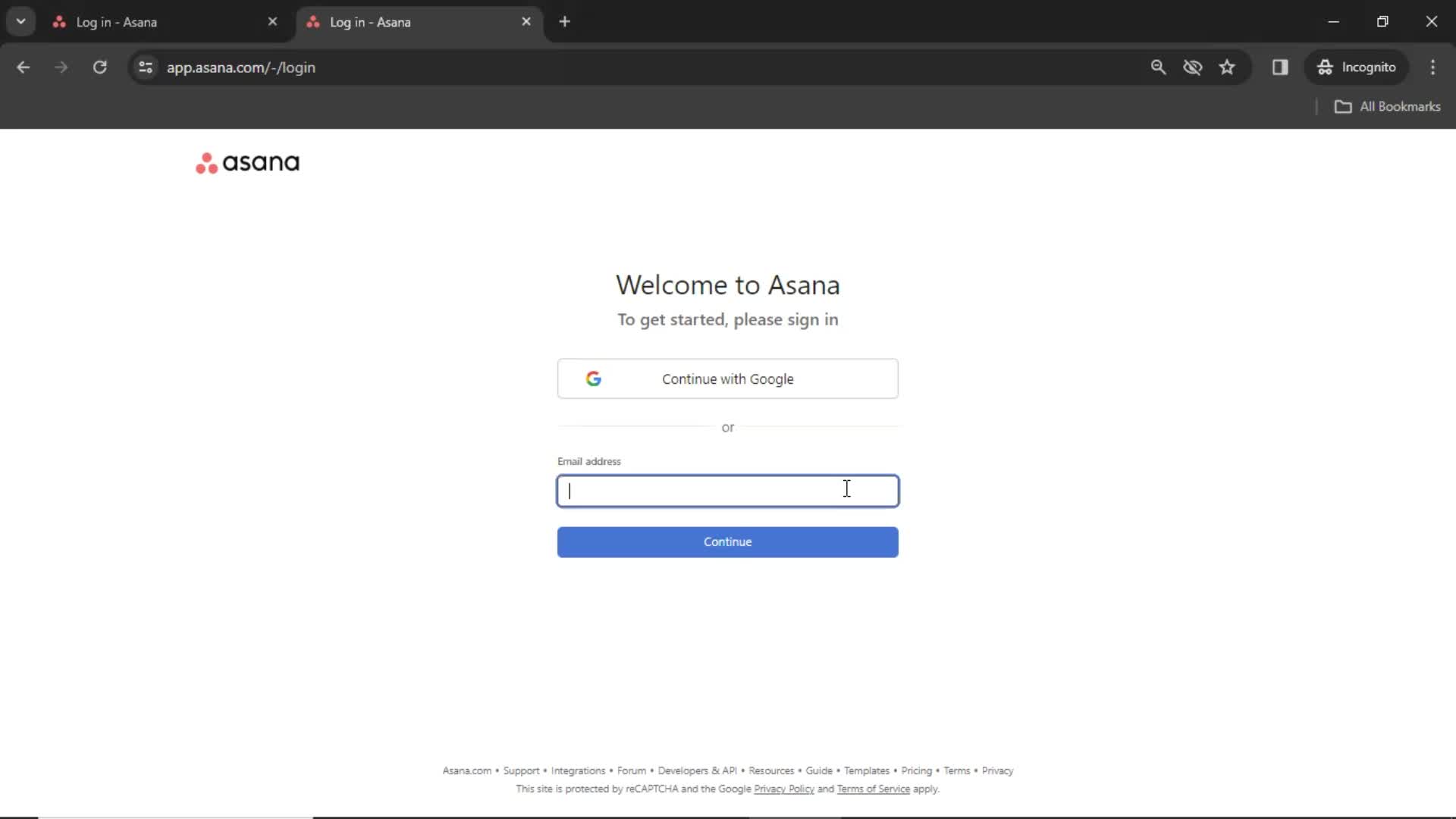 Asana login screenshot