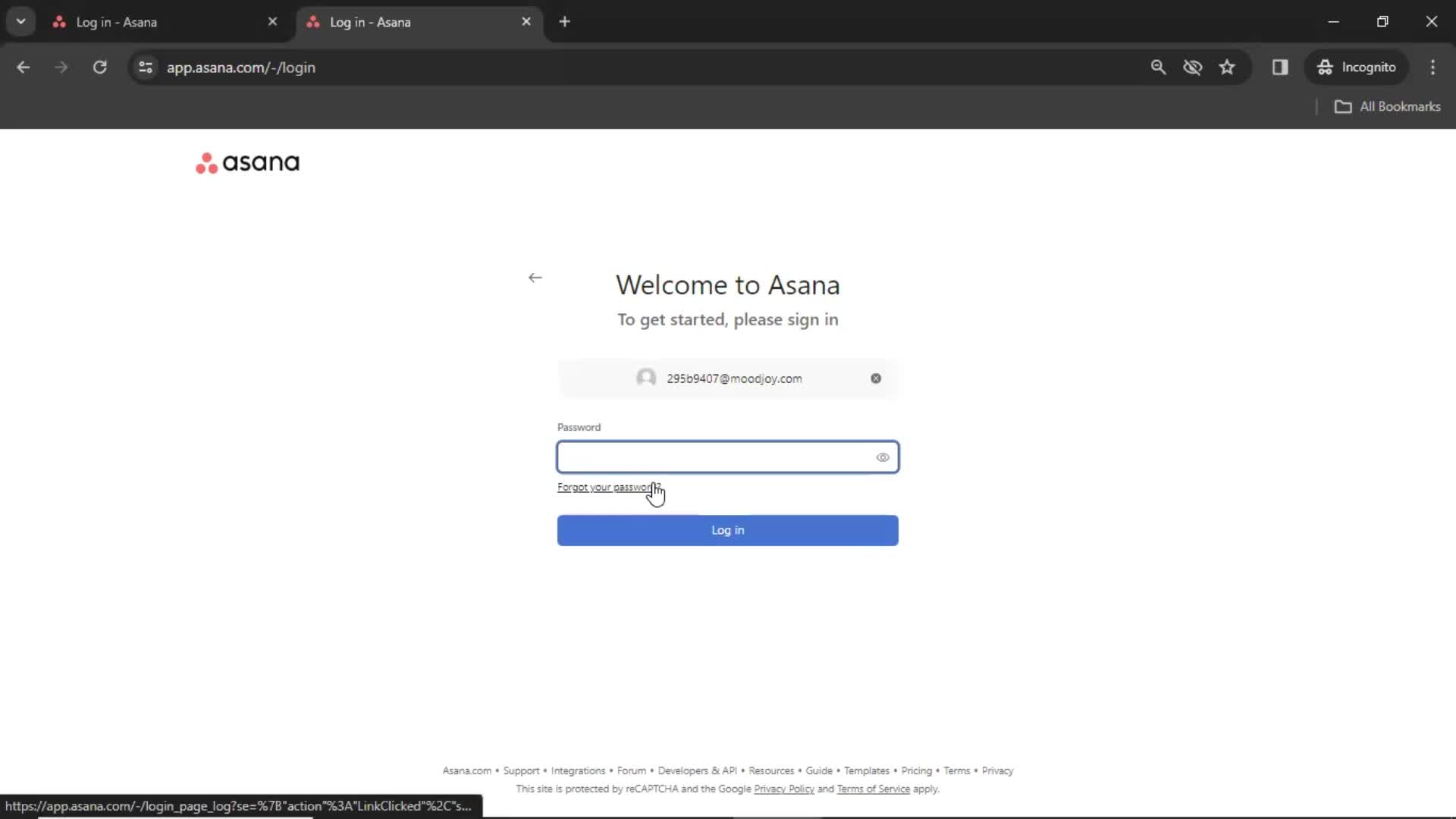 Asana forgot password screenshot