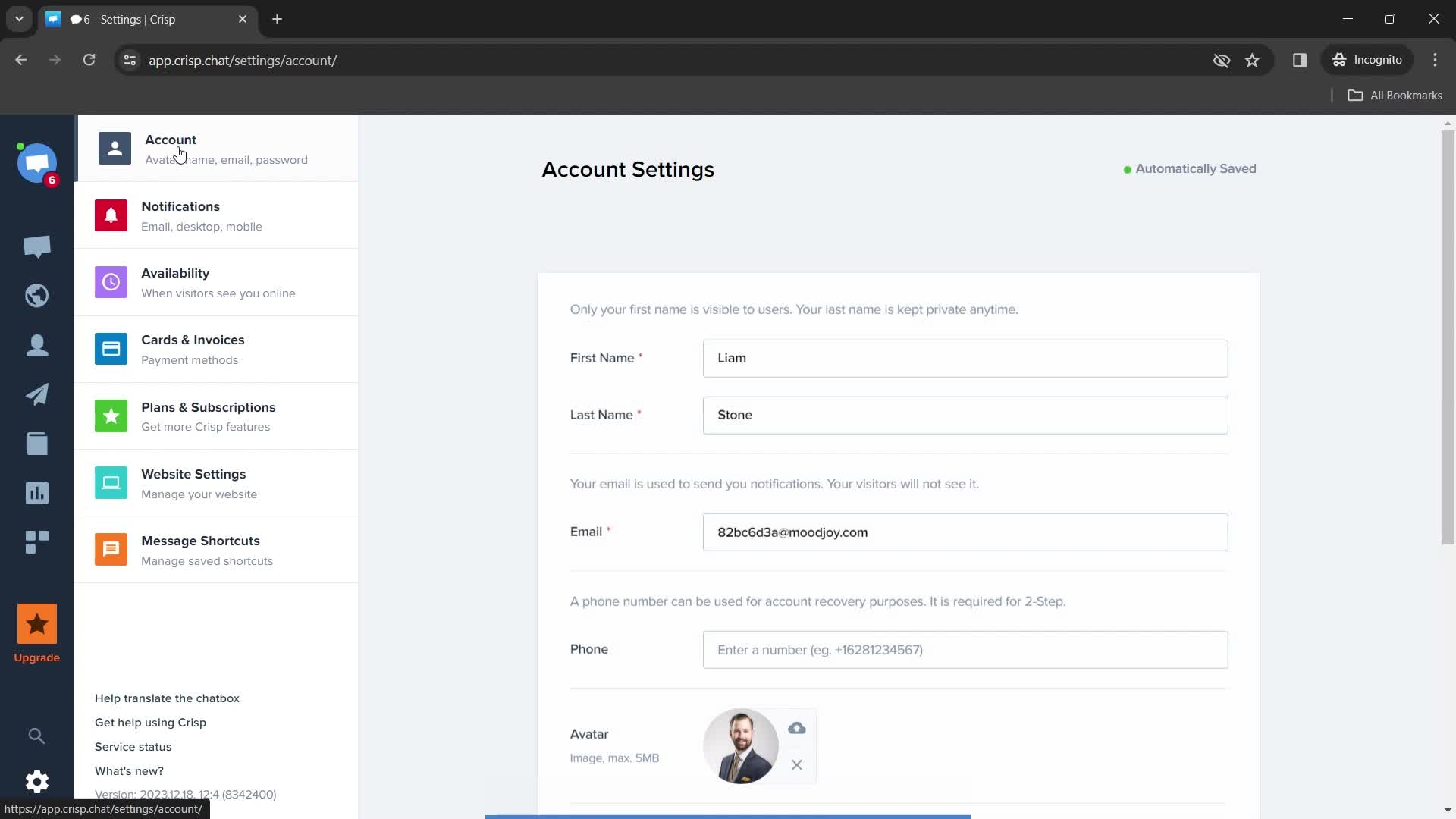 Crisp account settings screenshot