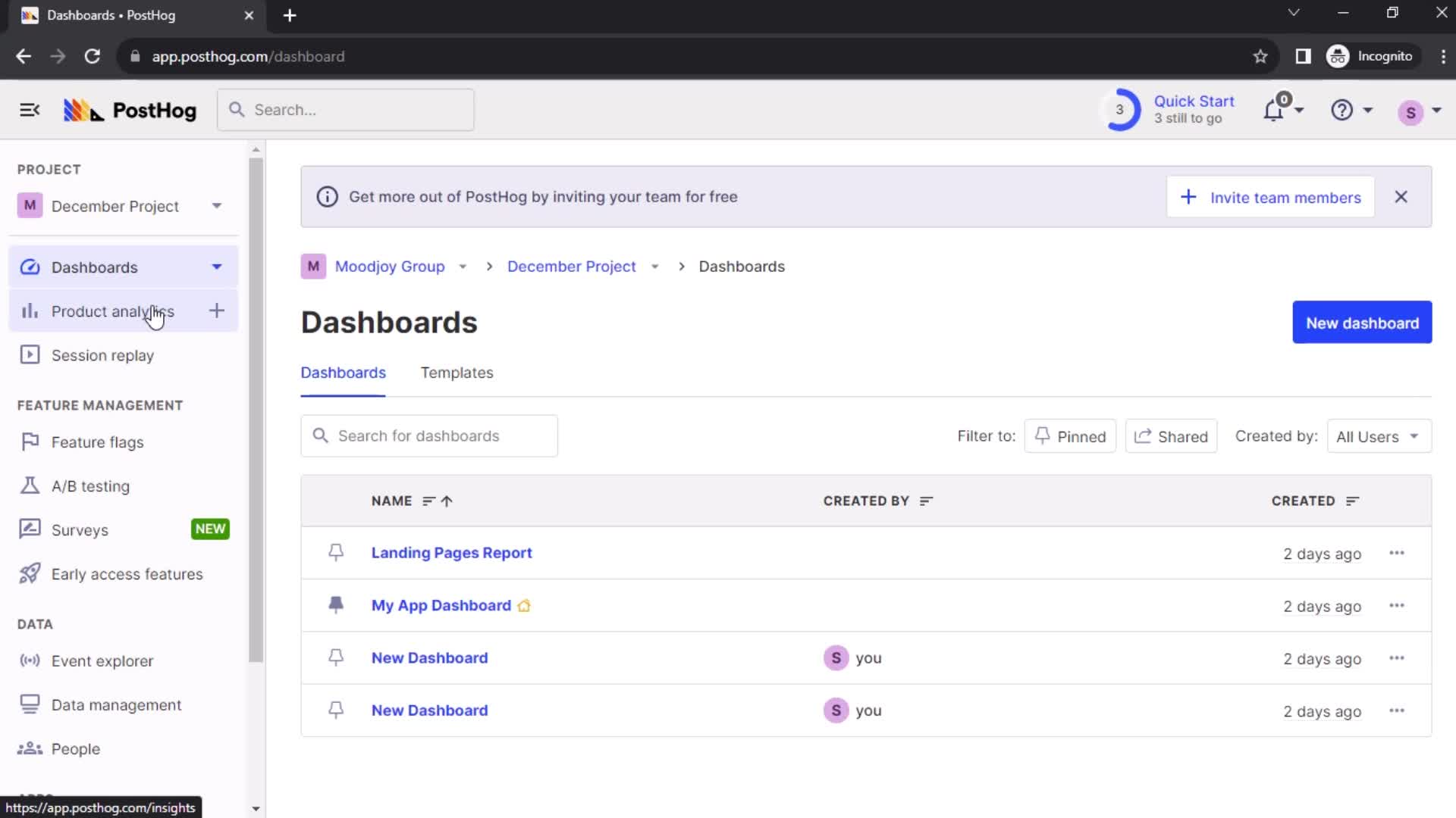 PostHog dashboards screenshot