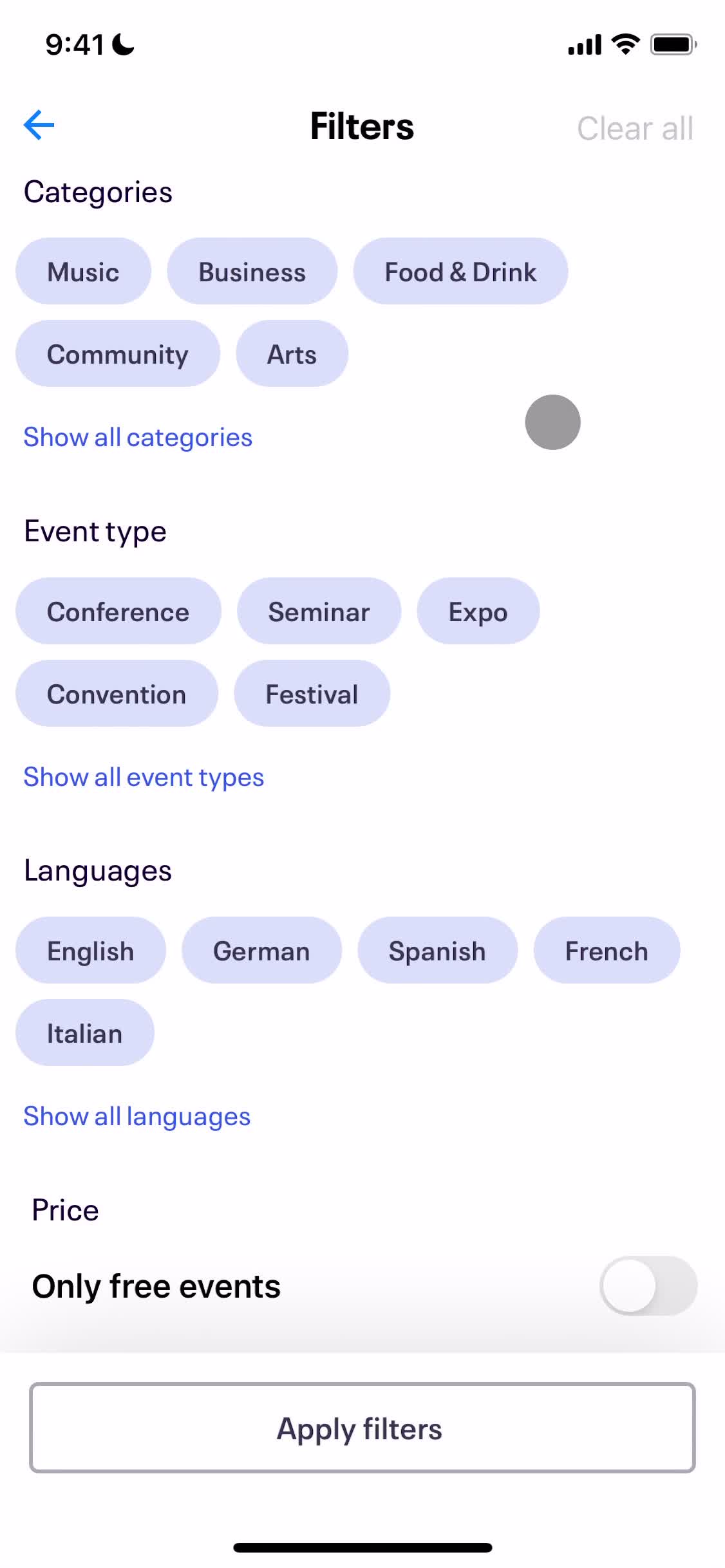 Eventbrite filters screenshot