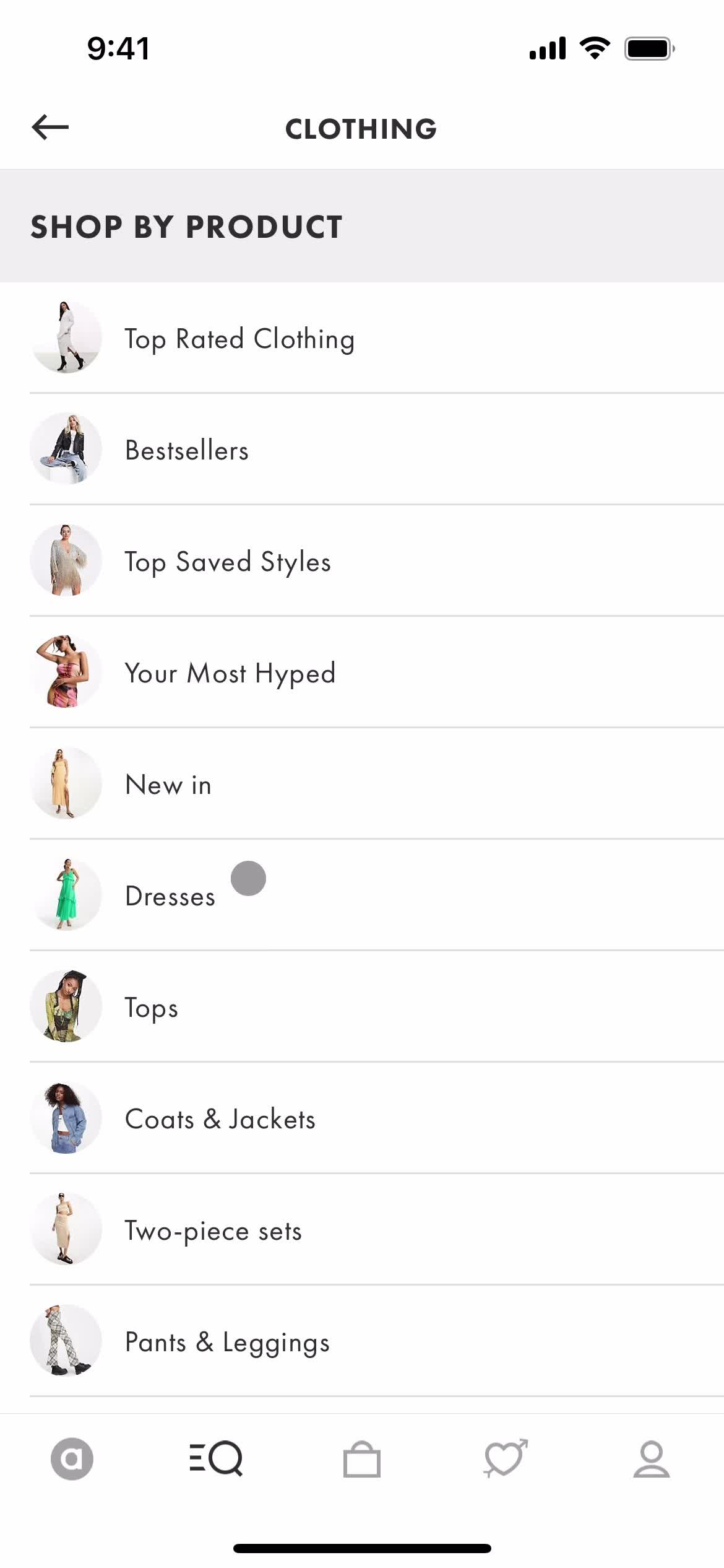 ASOS product categories screenshot