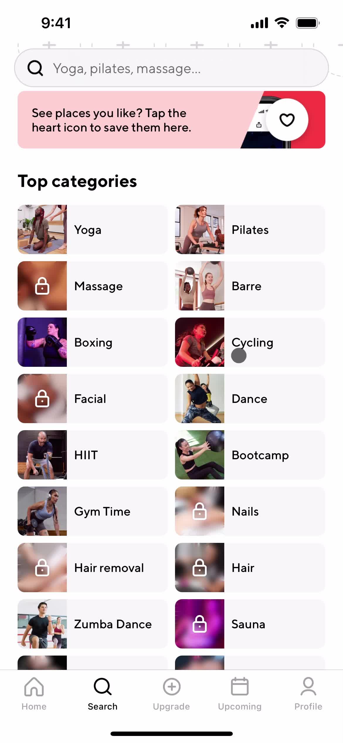 ClassPass categories screenshot