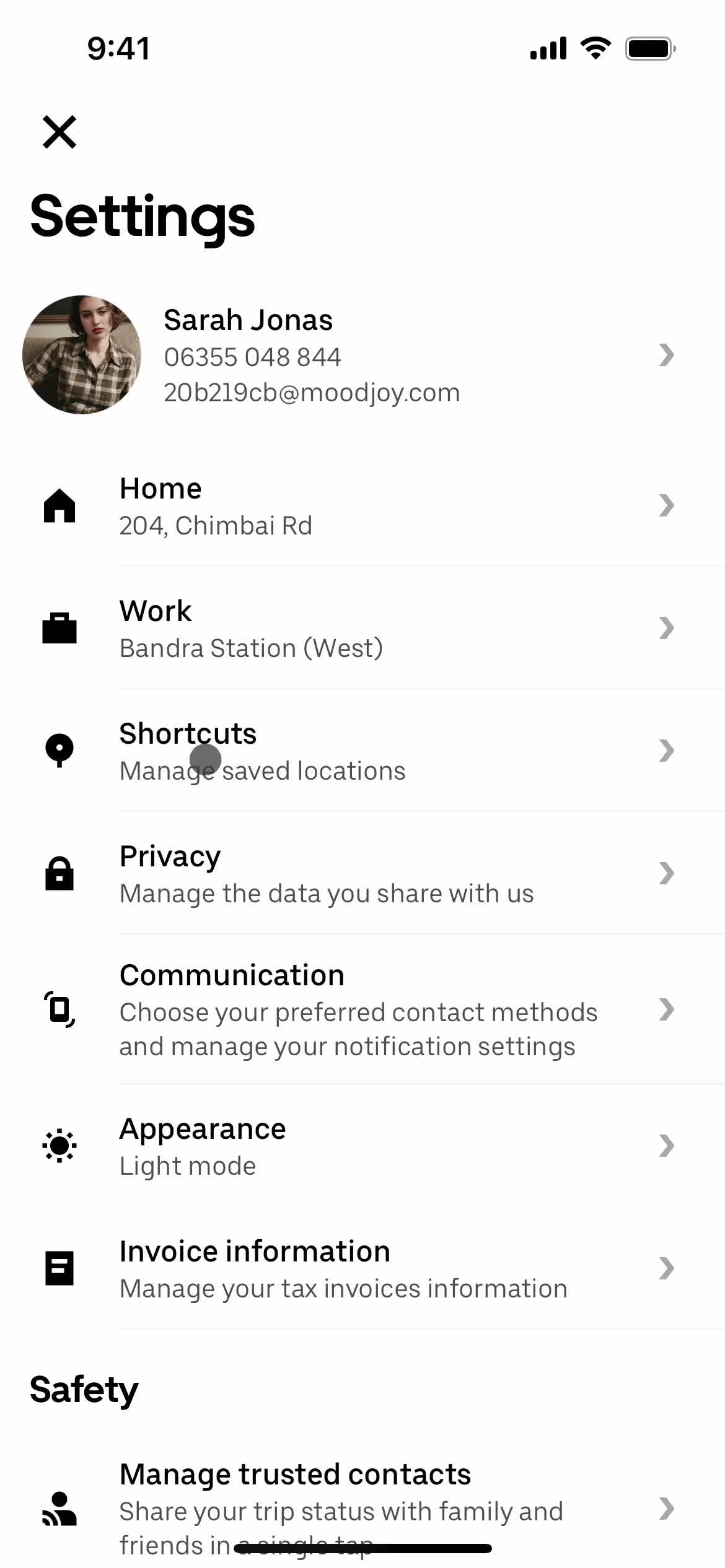 Uber settings screenshot