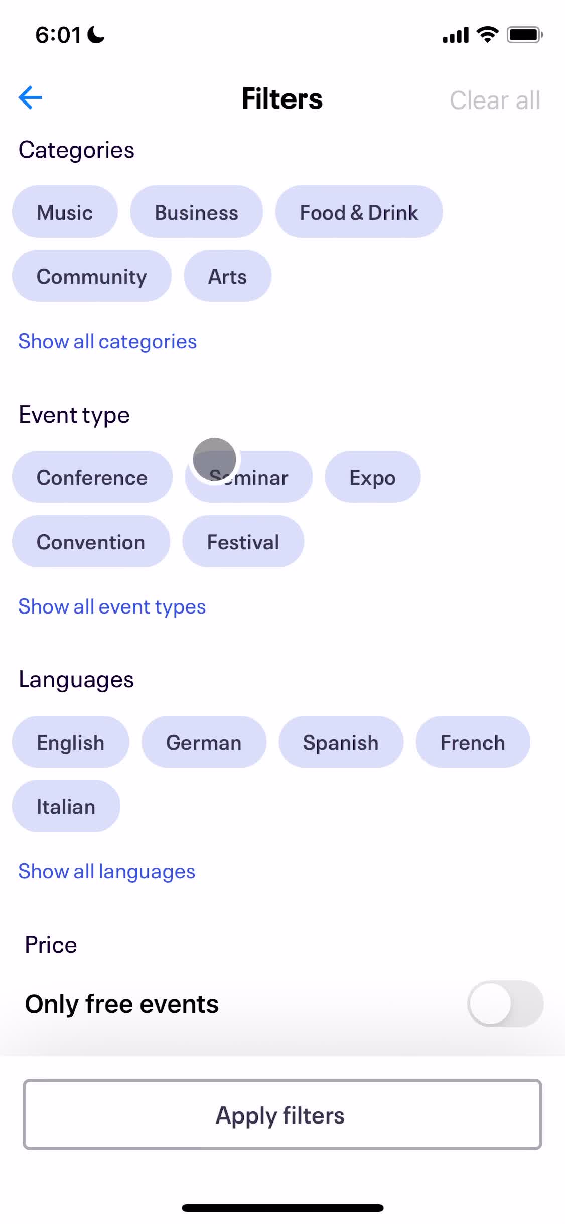 Eventbrite filters screenshot