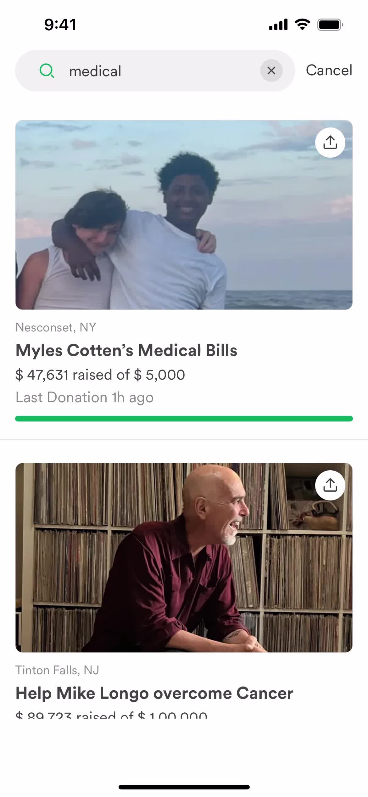 GoFundMe search results screenshot