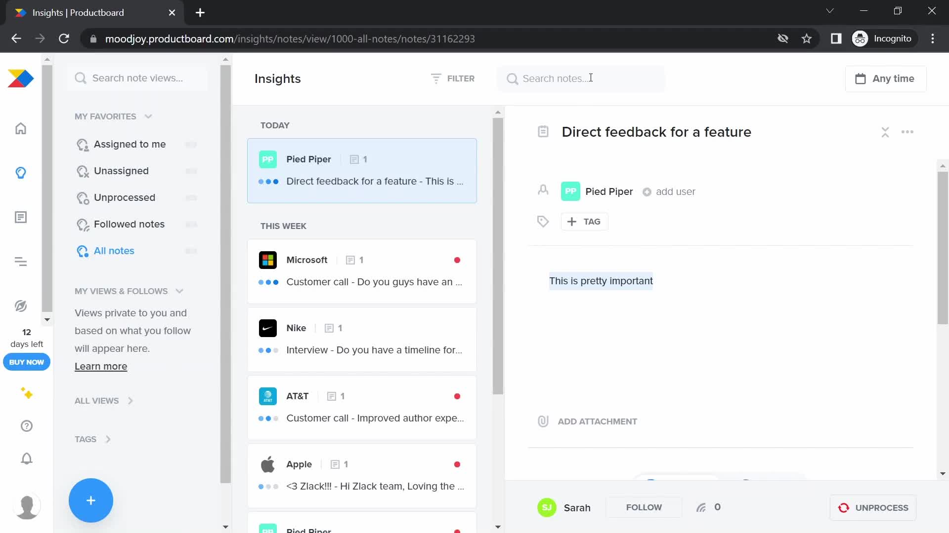 Productboard insights screenshot