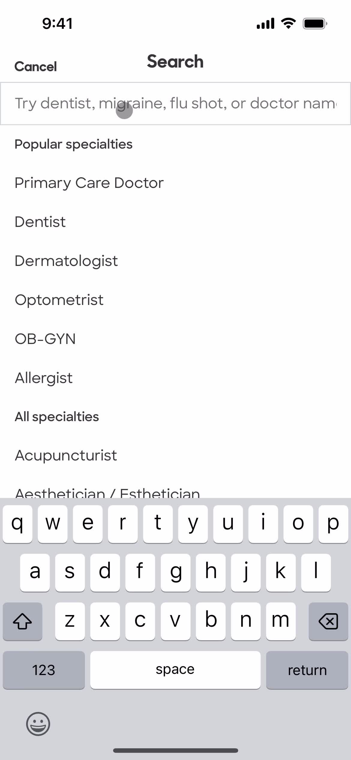 Zocdoc search screenshot