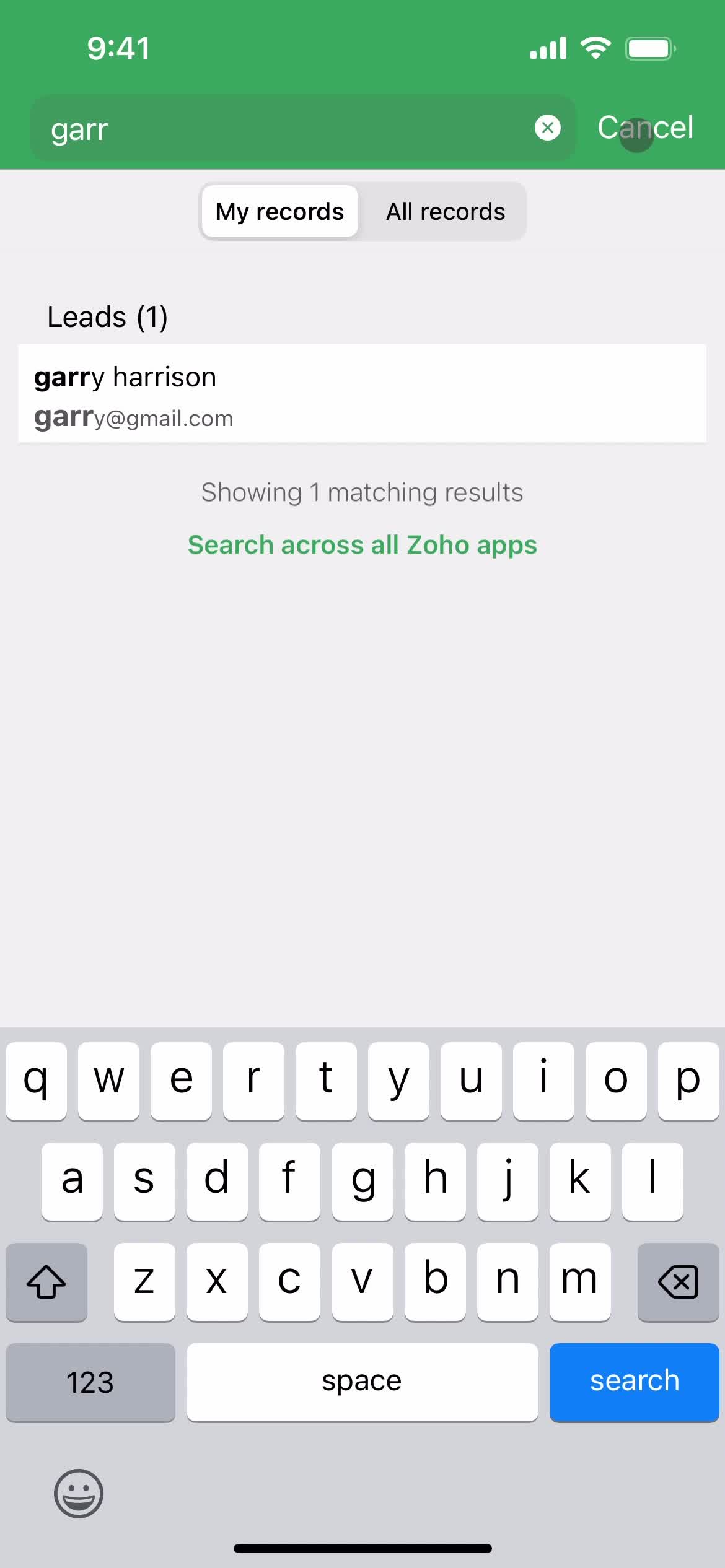 Zoho CRM search results screenshot