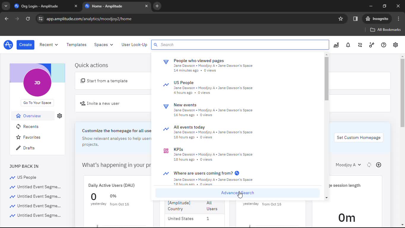 Amplitude search screenshot