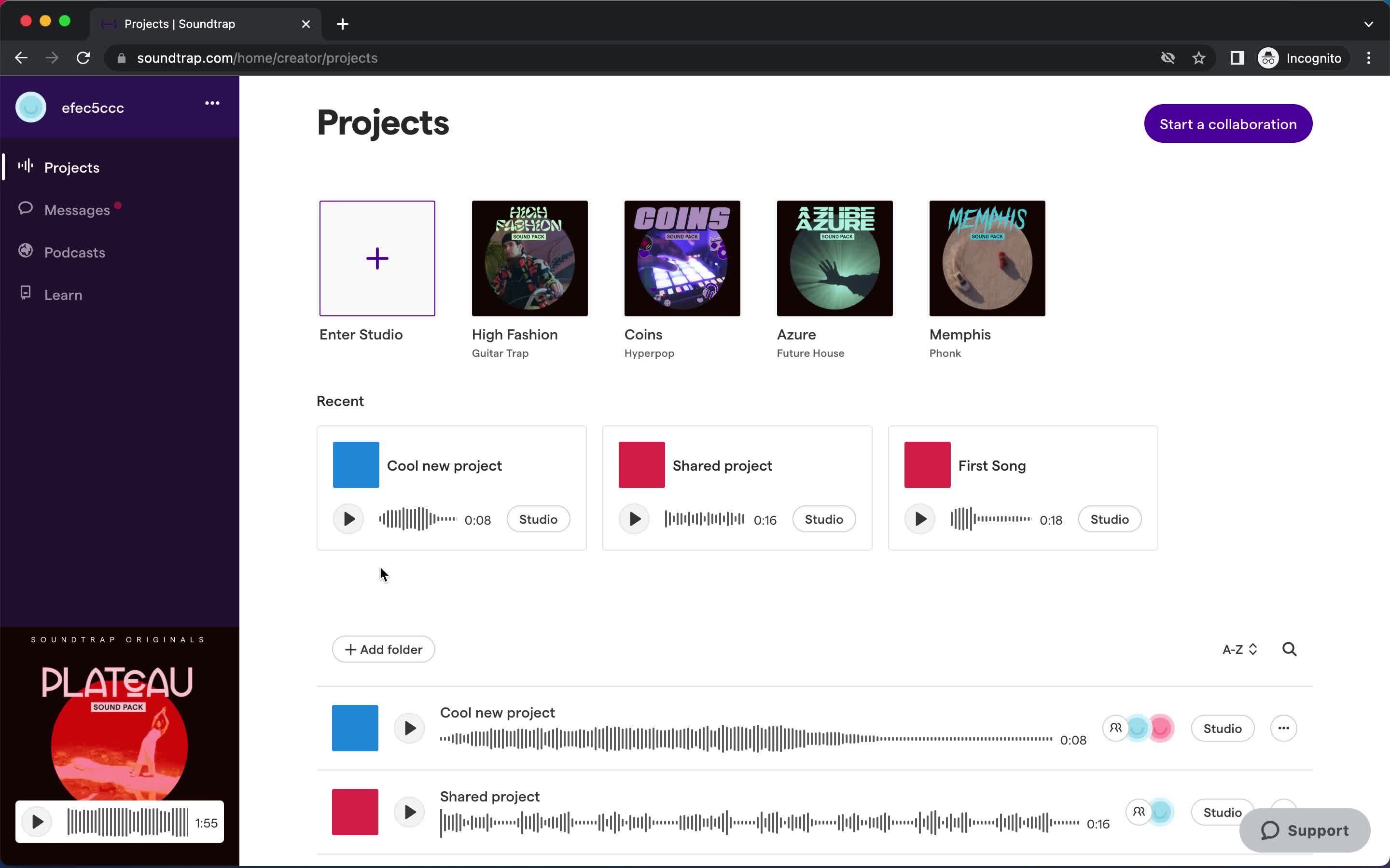 Soundtrap projects screenshot